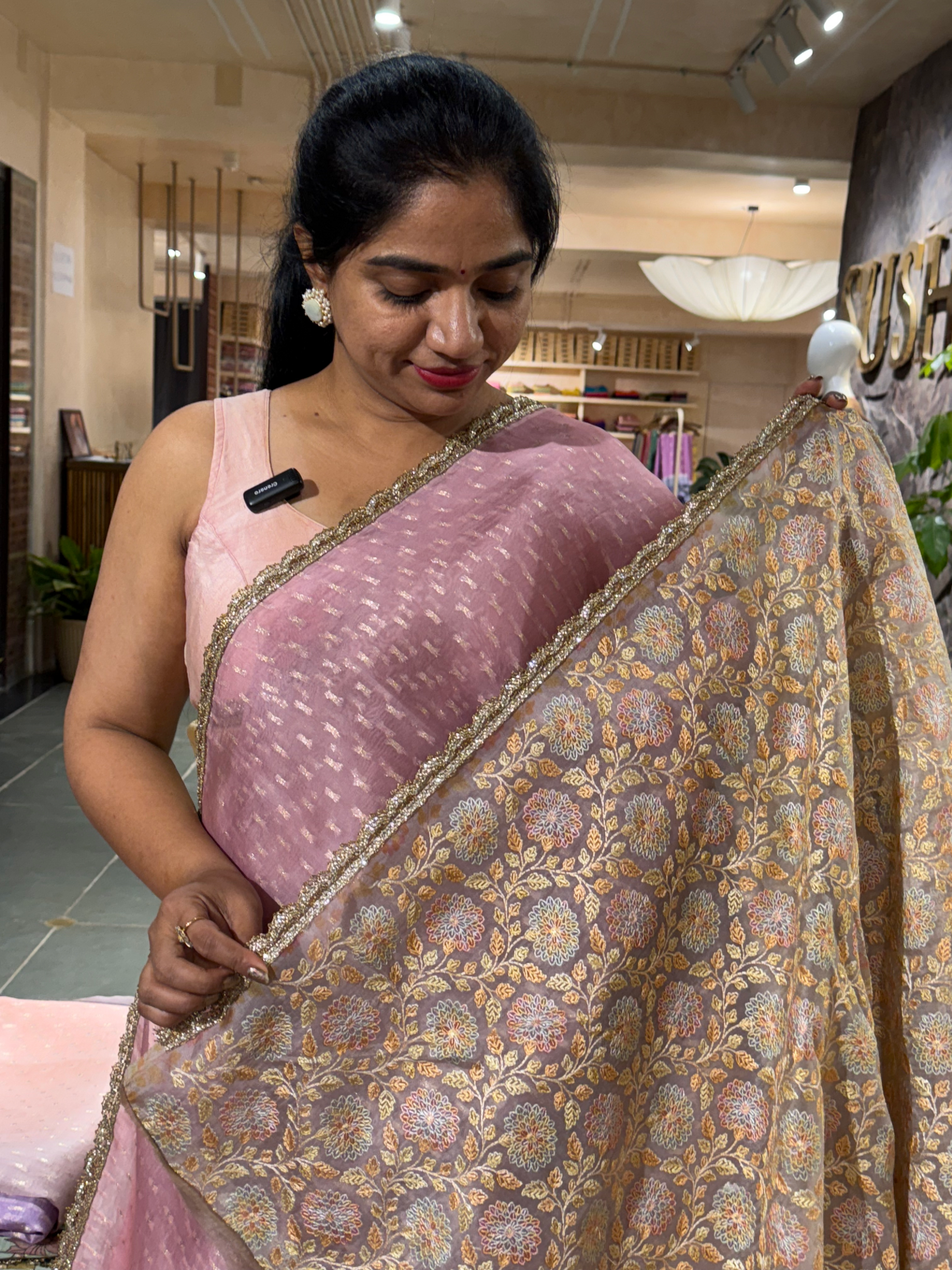 Ombre Dyed Pure Organza Saree with allover zari butis and  Embroidered Blouse