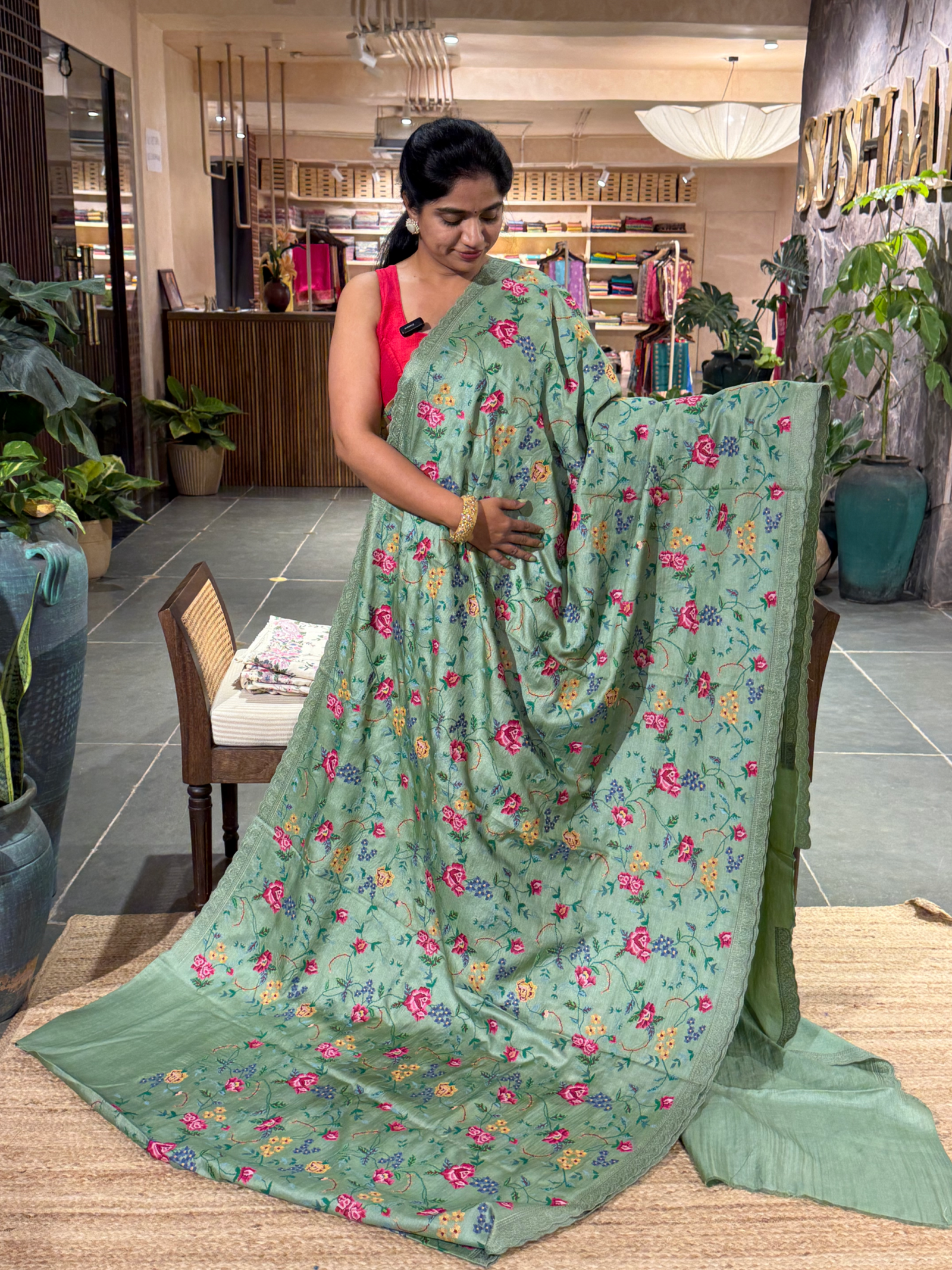 STPPA206 : Sage Green Pure Tussar Saree With Allover Petite Point Embroidery