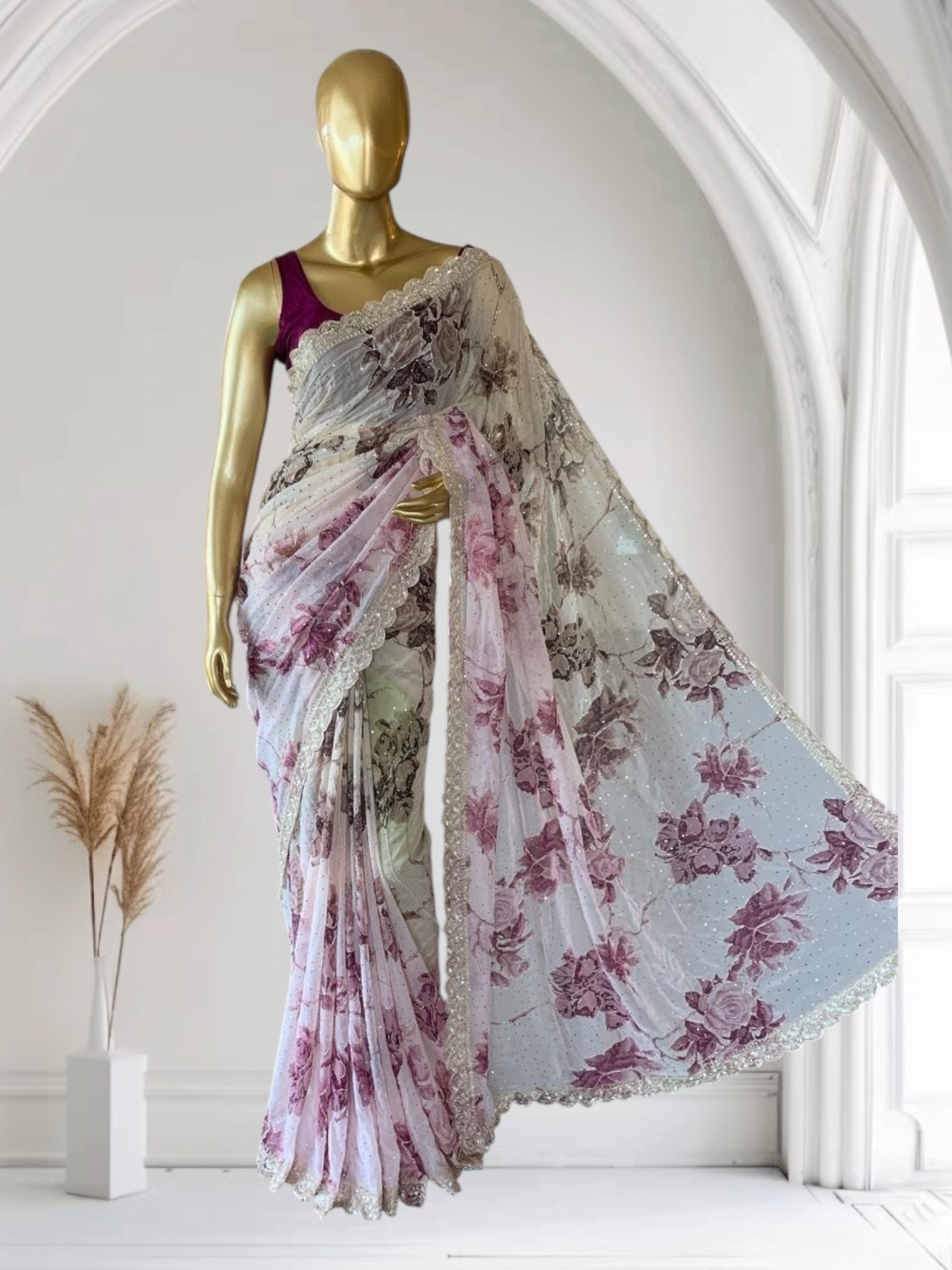 Shaded Gorgette printed Saree  with handwork borders and allover handwork
