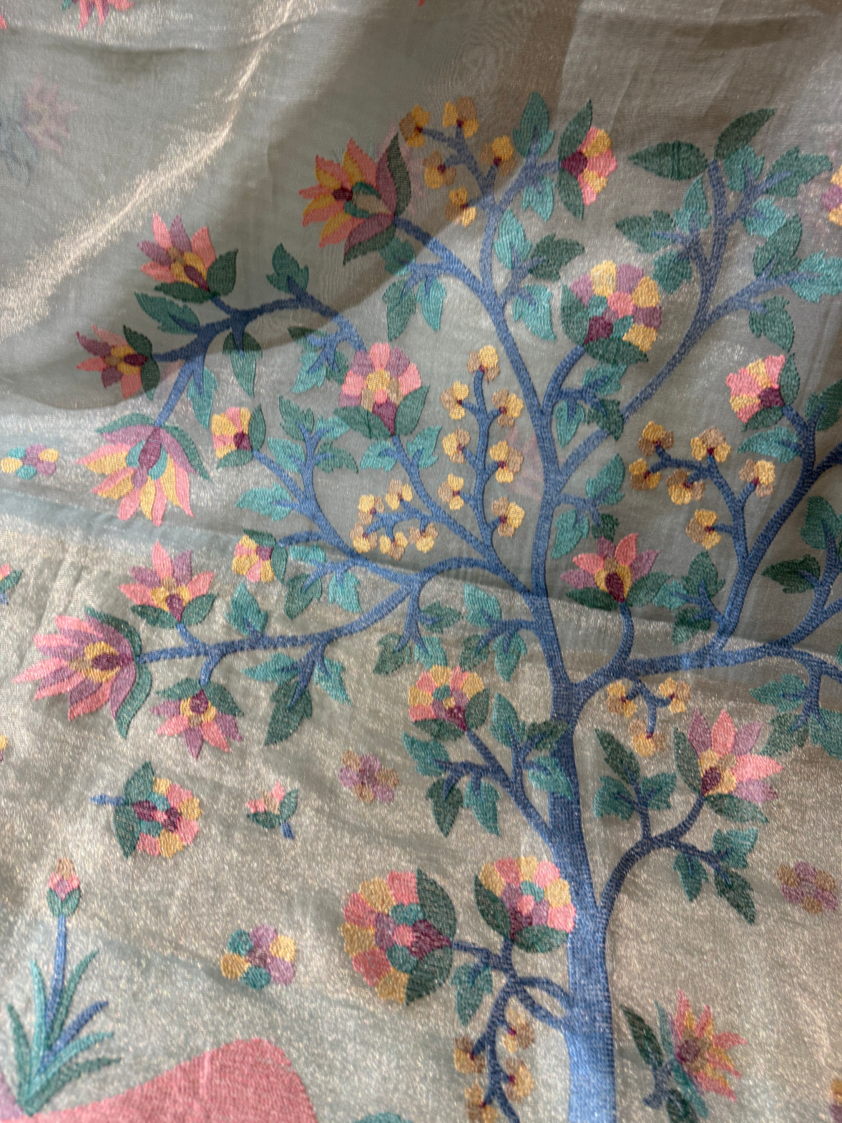 STJA209 :  Light Sea Blue Tissue With Jamdani Look Embroidery