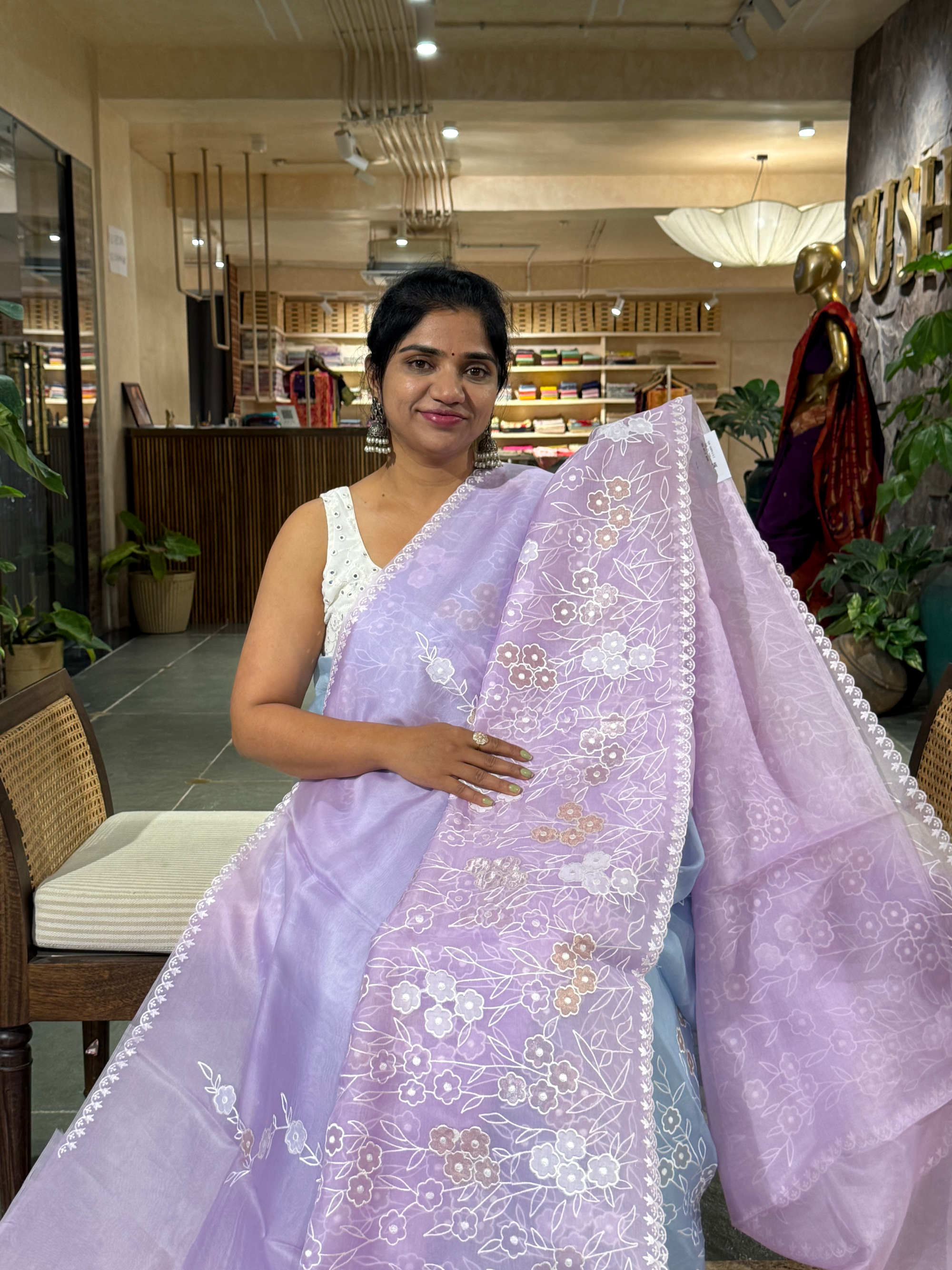 Lilac Organza Applique work Saree