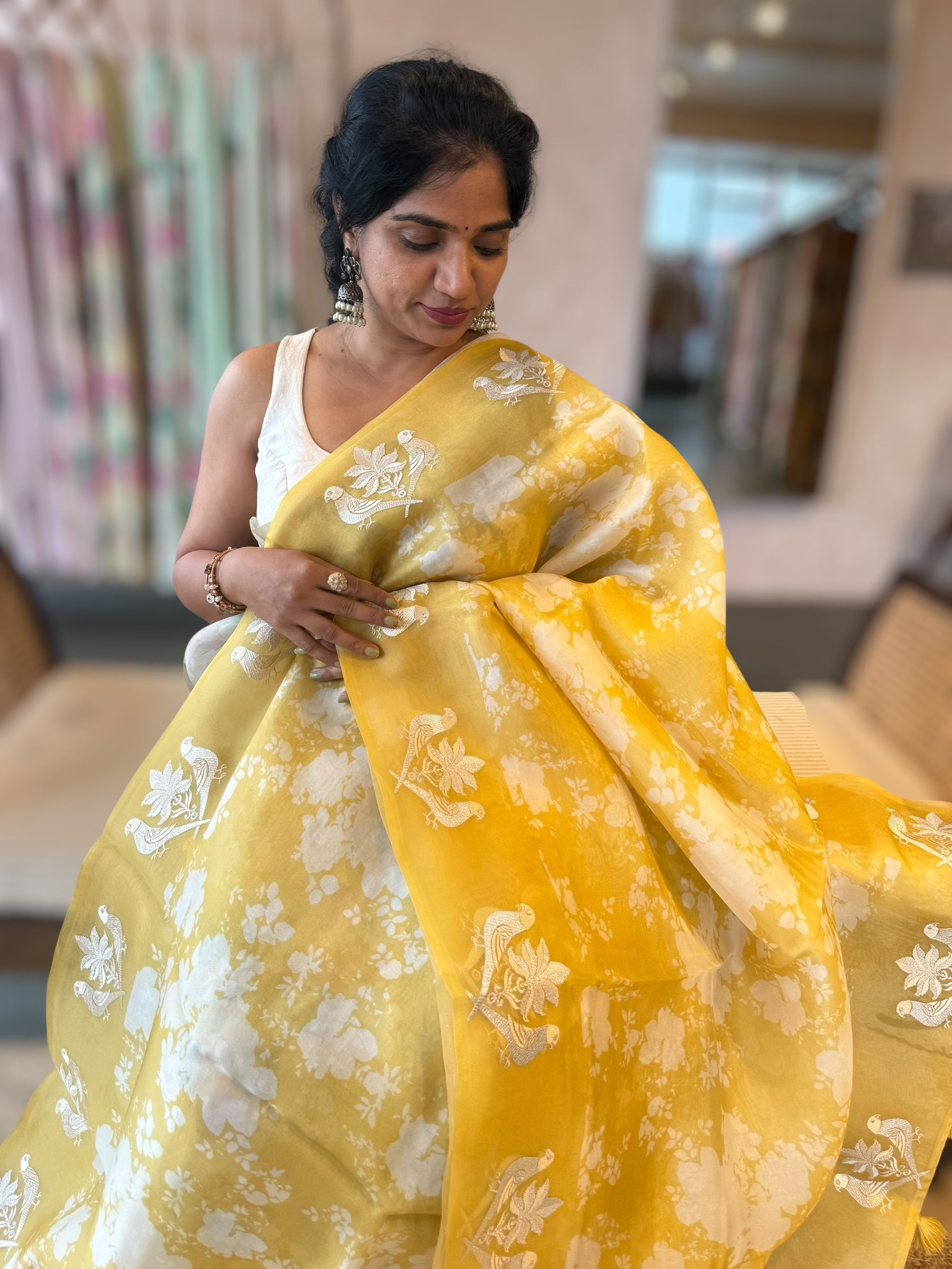 Yellow Floral Printed Pure Organza Saree With Birds  Embroidered Motif  Border