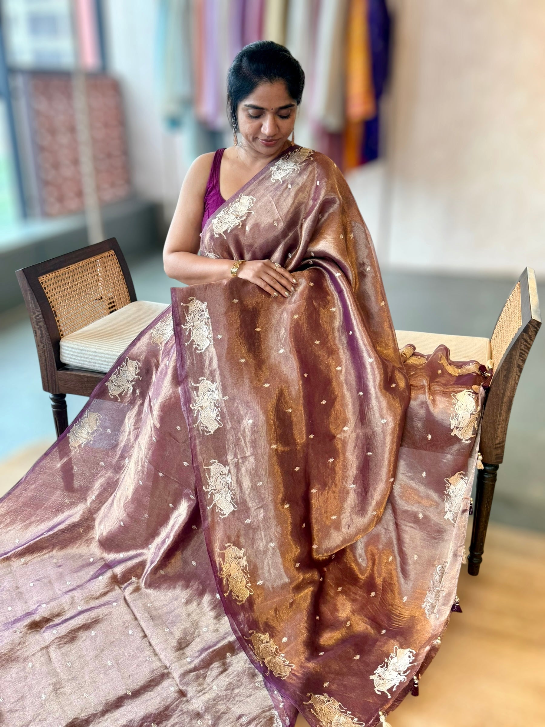 Purple Handloom Tissue Saree wth Nandi Embroidered Border & Stripes Tissue BP