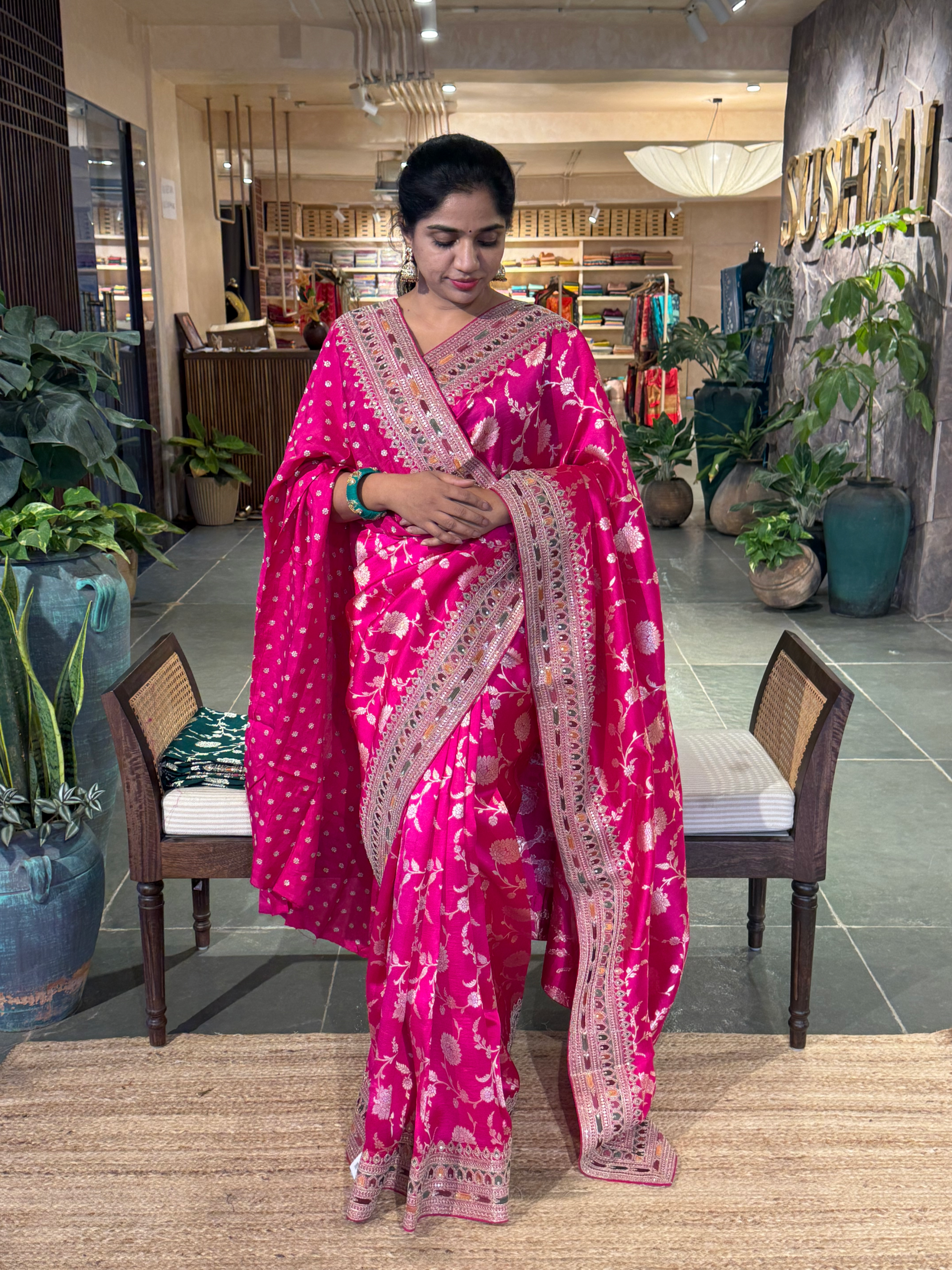 Fushcia Pink Pure Handloom Banarasi Silk Saree With Sabhyasachi Borders & Blouse