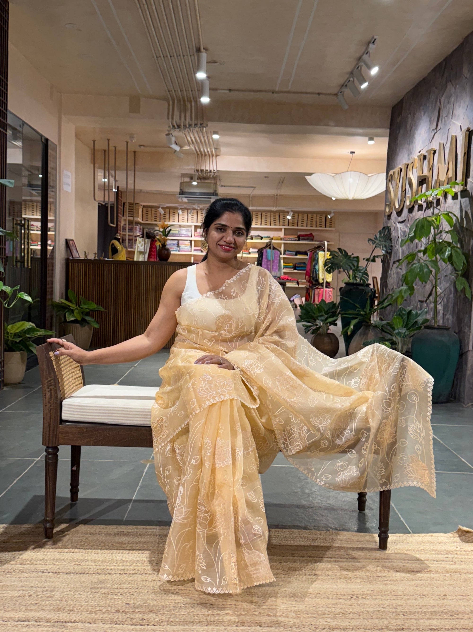 SOAA1604 : Light Peach Organza Saree with Allover Pichwai Applique Embroidery