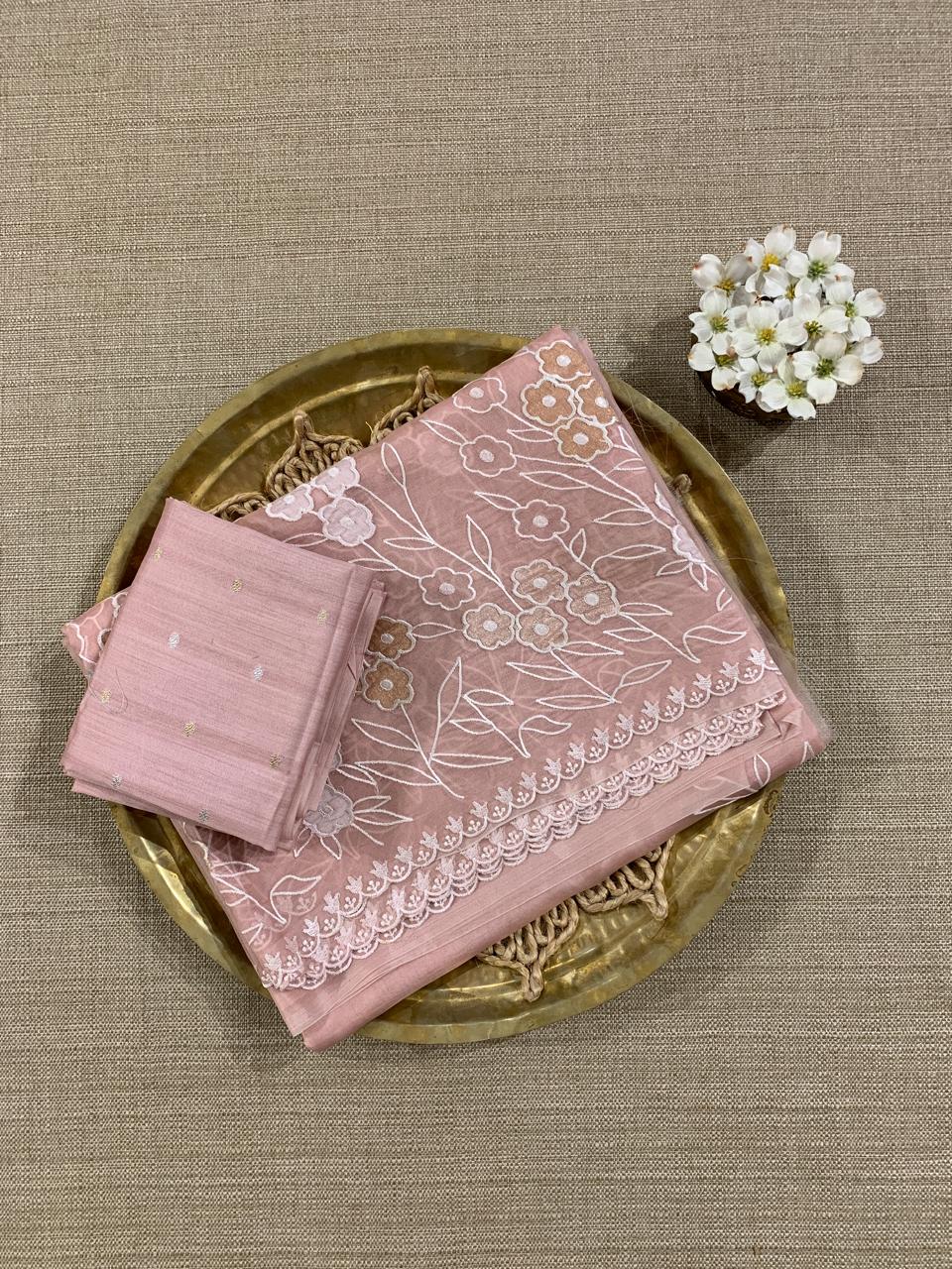 Peach Pink Organza Applique work Saree