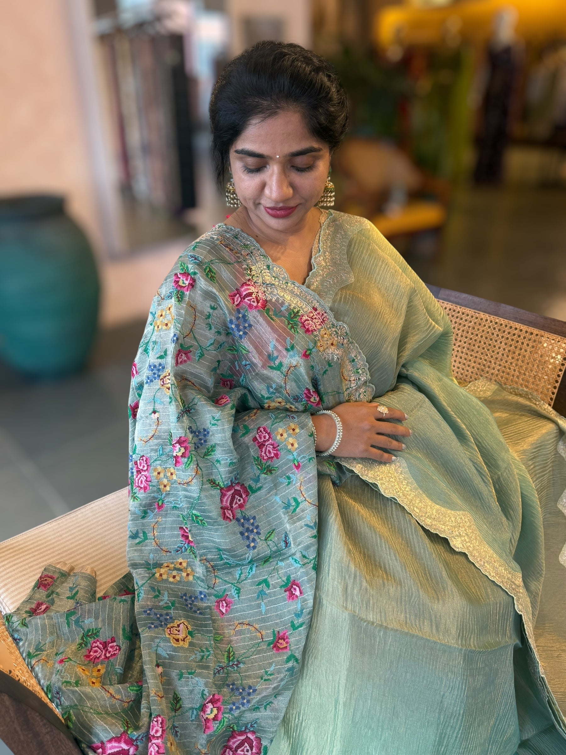 Ombre Dyed Crush Tissue Saree With Pitawork Border & Petite Point Embroidered BP