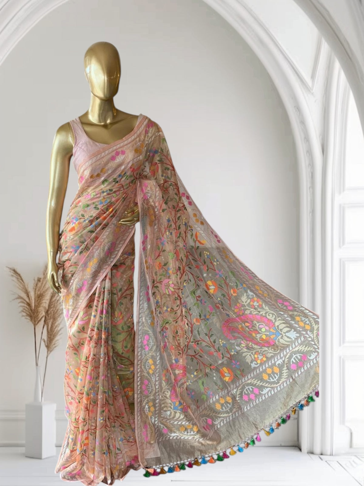 Peach Real Zari  Banarasi Tissue Jamdani Saree