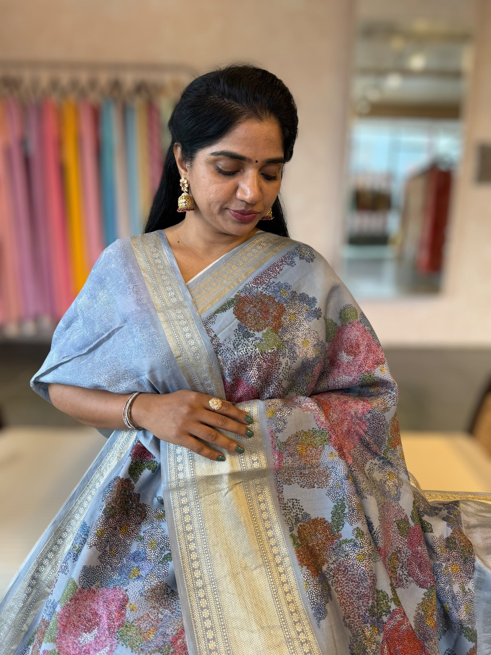 Corn Flower Blue Chiniya Silk Saree With Petite Point  Emb Style Print