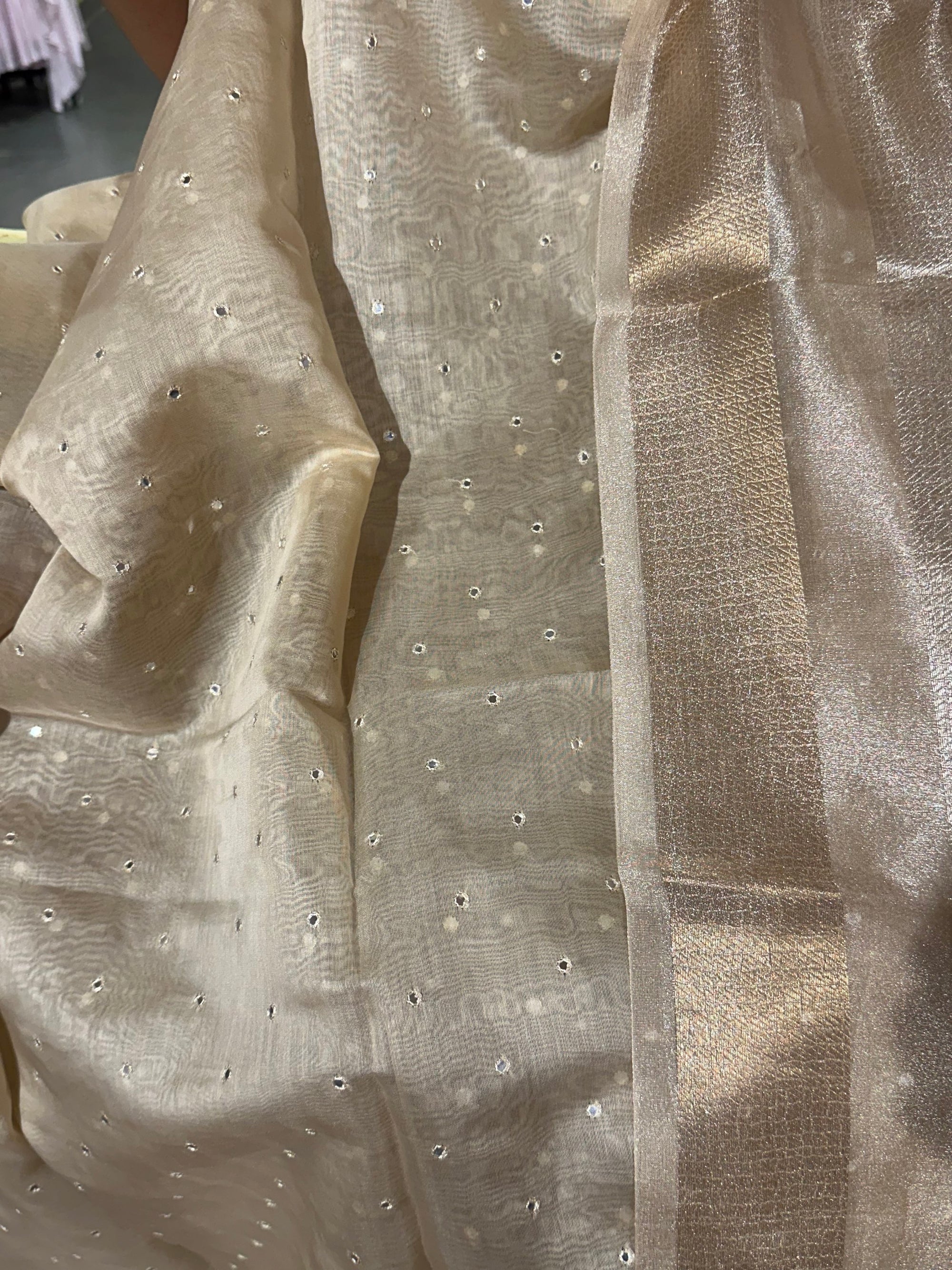 Beige Pure Handloom Chanderi silk mirrorwork 3-pc suit set