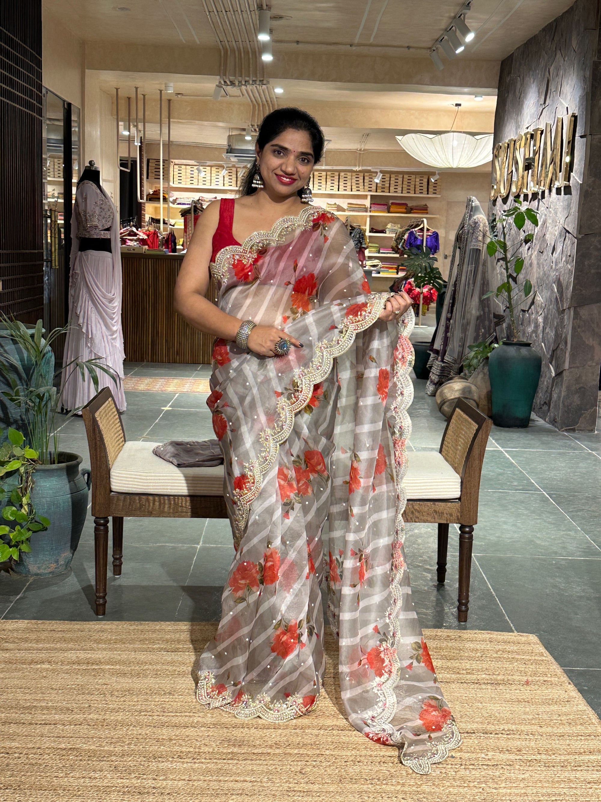 Earthy Tone Pure Organza lehariya Floral Printed With Handwork Border