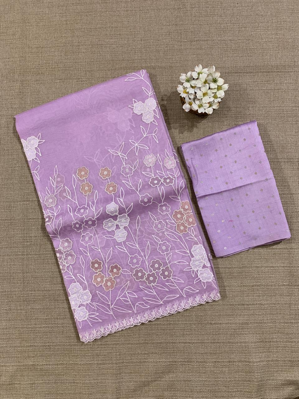Lilac Organza Applique work Saree
