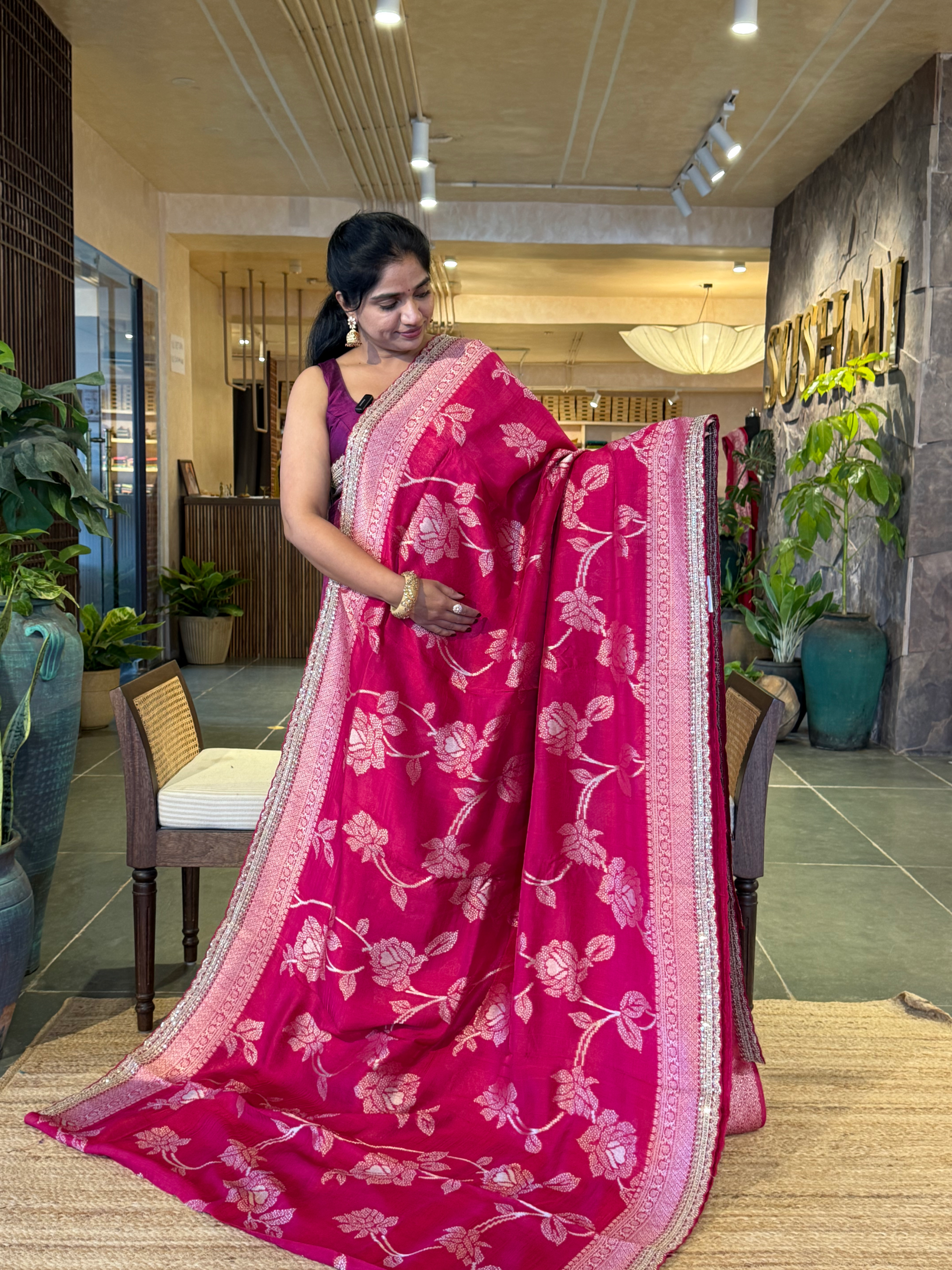 Rani Pink Tussar Khaddi Saree wth Allover weaving & sabhyasachi borders STKM15