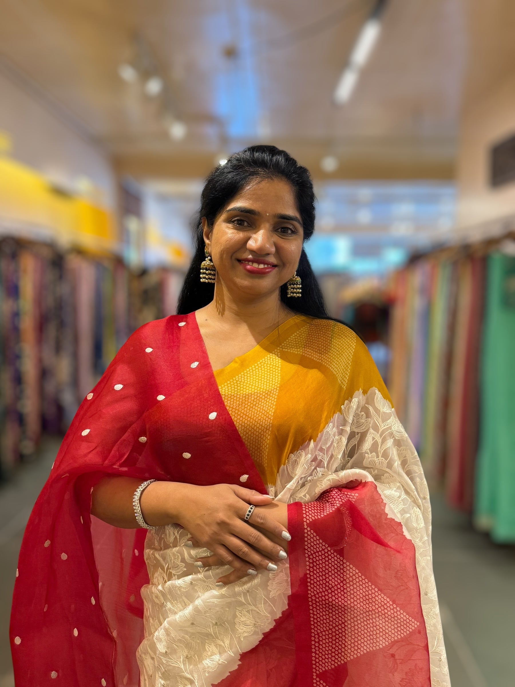 Organza Chikankari Embroidery Saree With Ganga Jamuna Bandhini Temple Borders