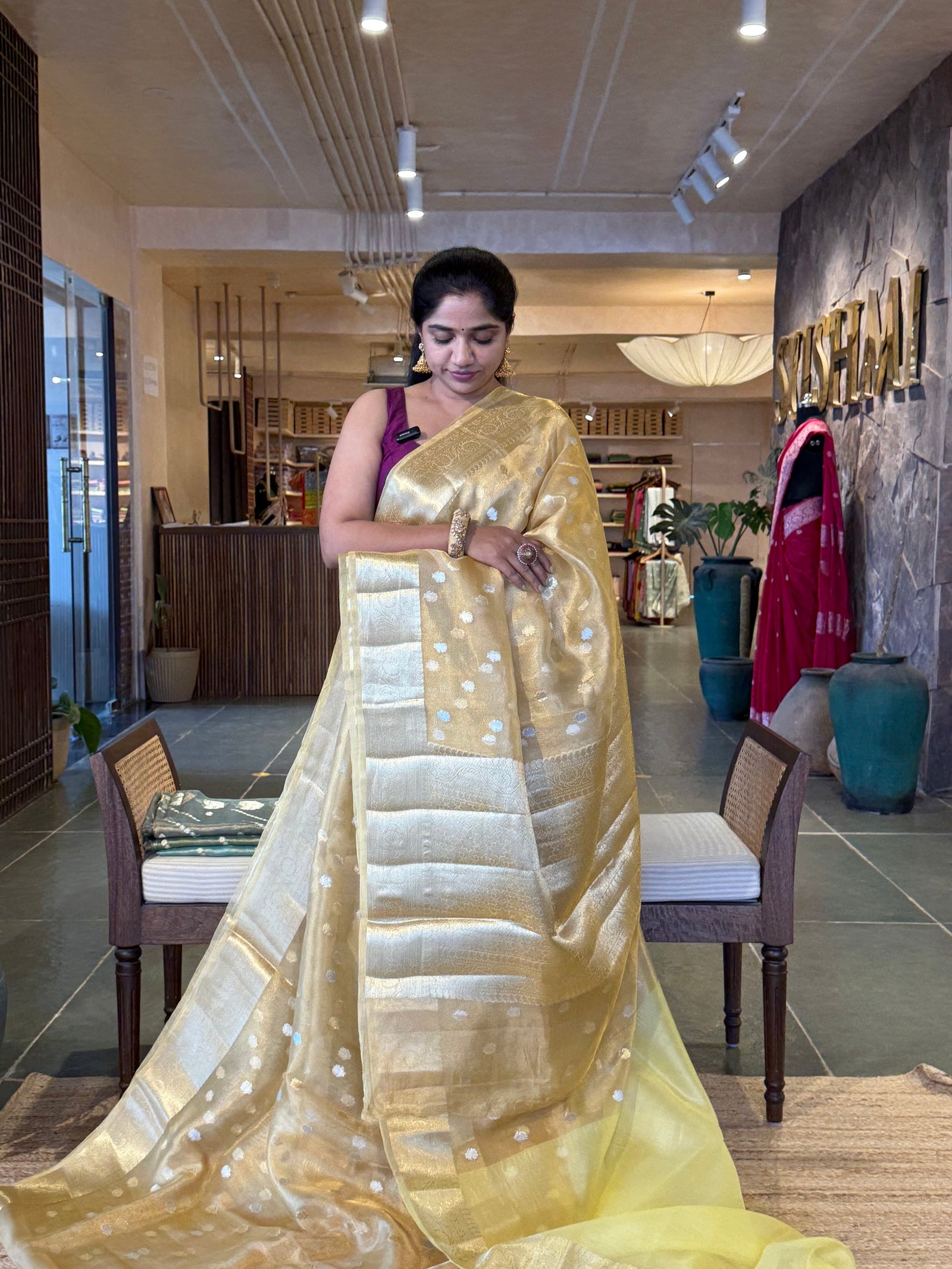 WDTSH : Pastel Yellow Banarasi Tissue Saree with Gold based Tissue