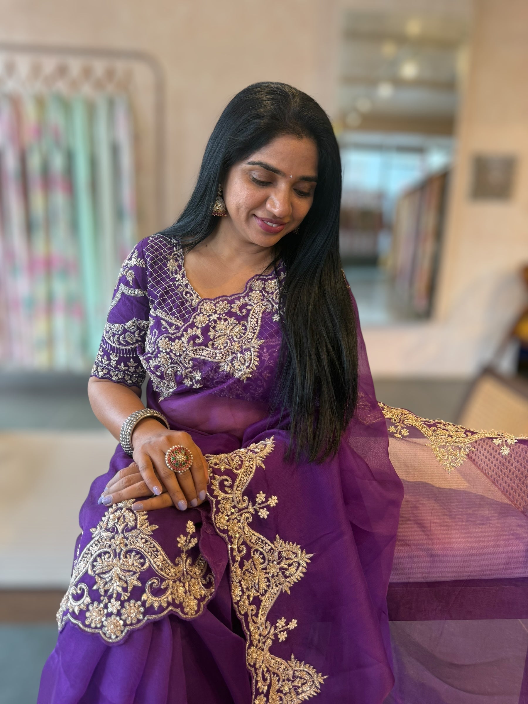 Purple Organza Heavy Handwork Saree