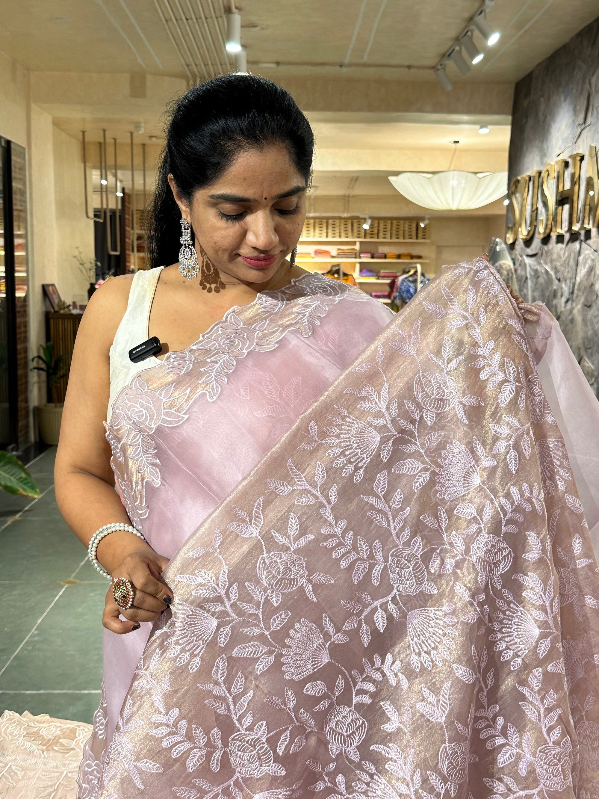 Lilac / light mauve Pure Organza heavy  cutwork embroidered border saree