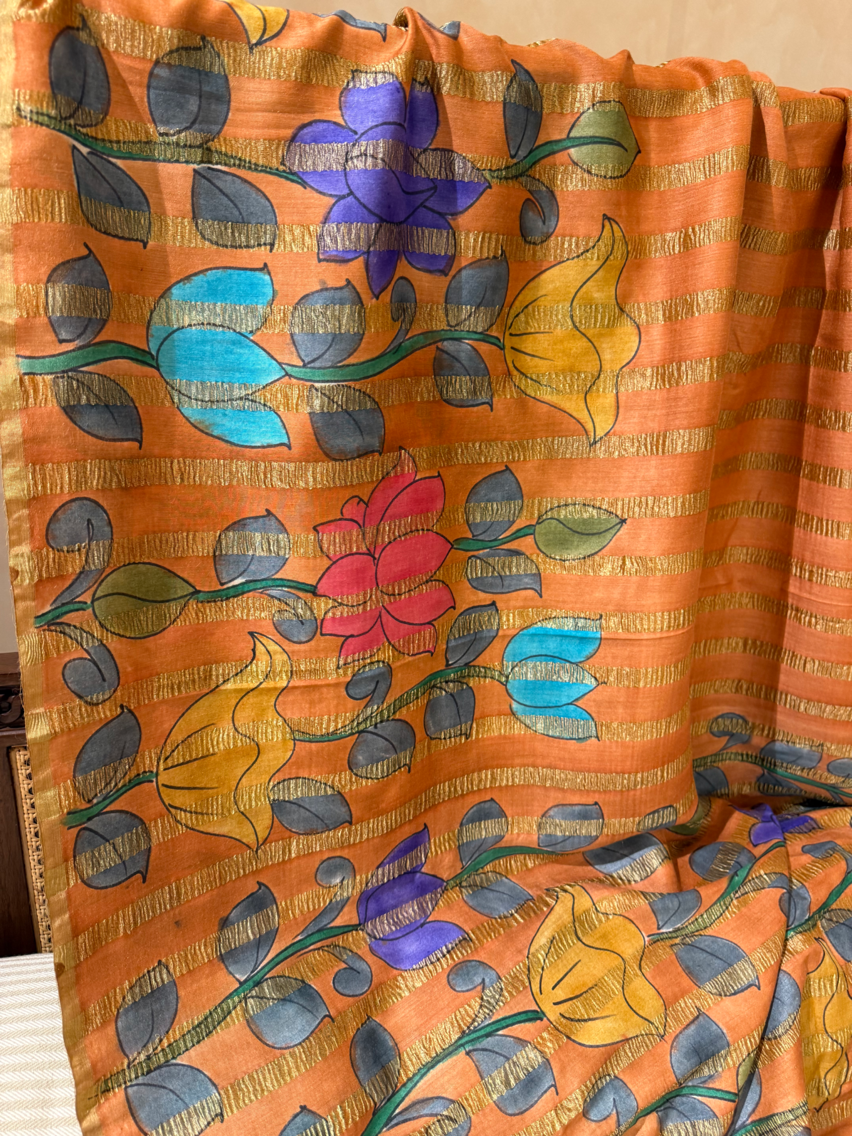 SMTKM174 Pure Handloom Munga Silk Wth Tissue Stripes & Penkalamkari Handpainting