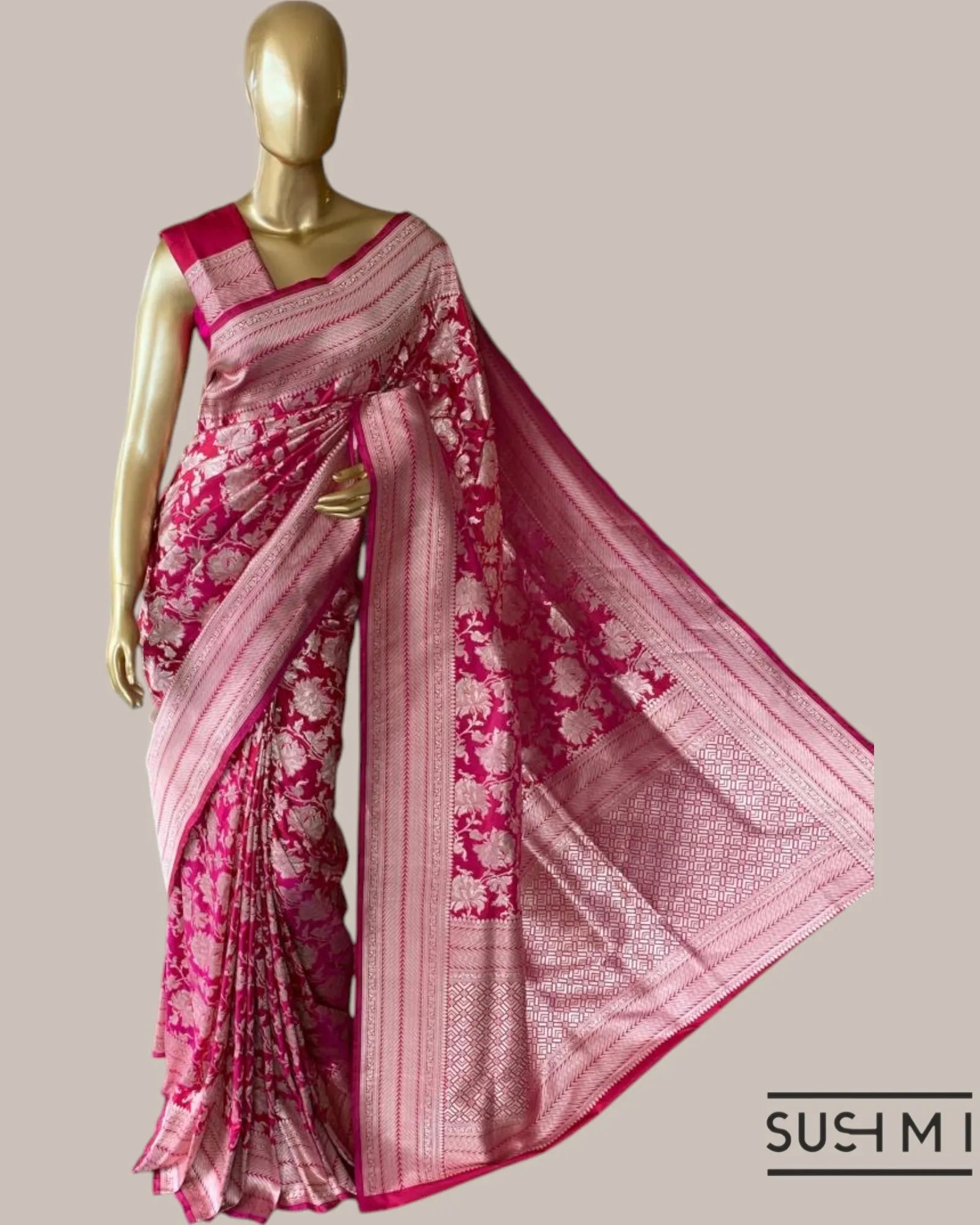 Ruby Pink Banarasi Katan Silk Saree with Allover Floral Jaal Weaving in silver z