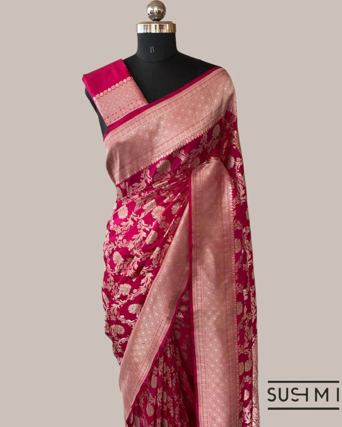 Dark Pink Banarasi Katan Silk Saree with Allover Floral Jaal Weaving
