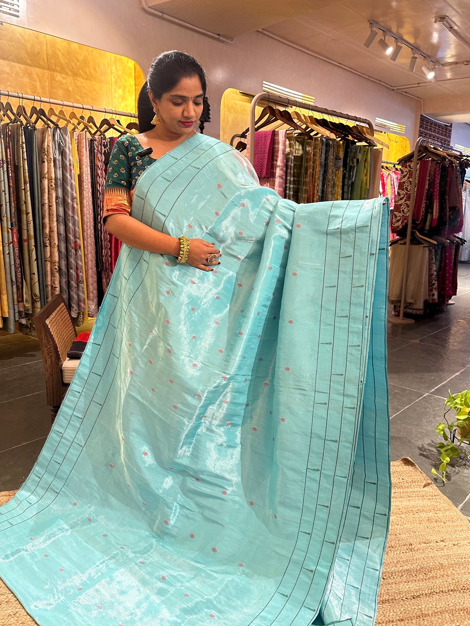 Sea Blue Tissue Paithani Saree with tripple muniya in monotone look