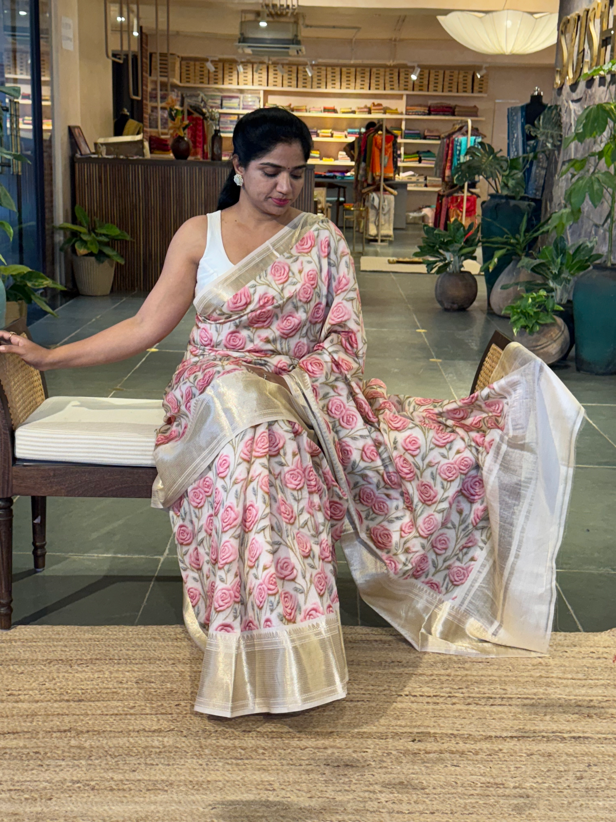 Banarasi Chiniya Silk Sarees with beautiful embroidery style 3D floral Print