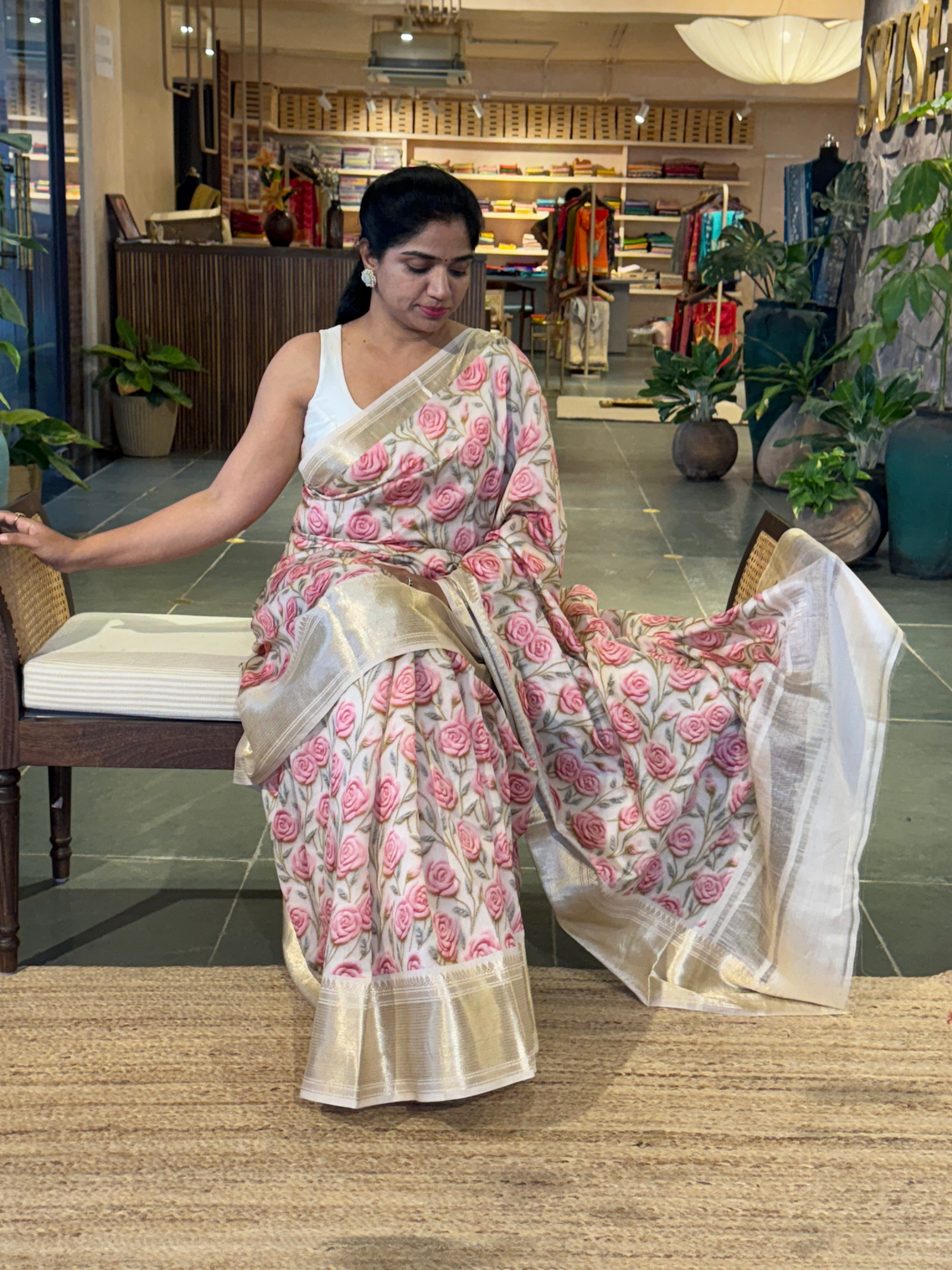 Banarasi Chiniya Silk Sarees with beautiful embroidery style 3D floral Print