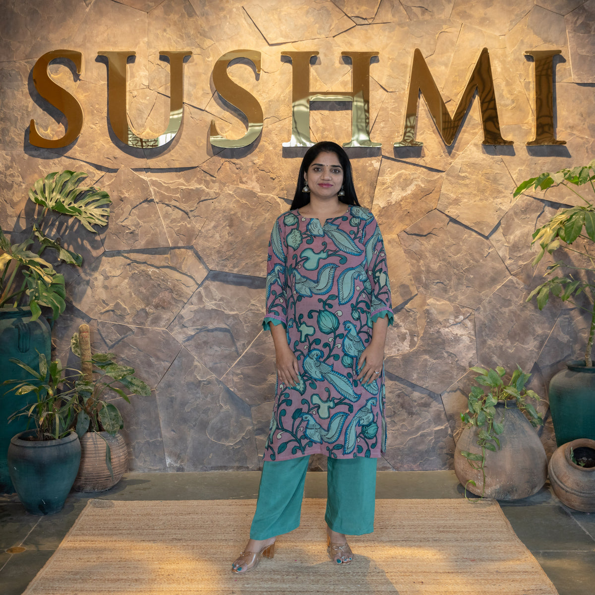 Statement Peacock Pen Kalamkari Silk Coordset