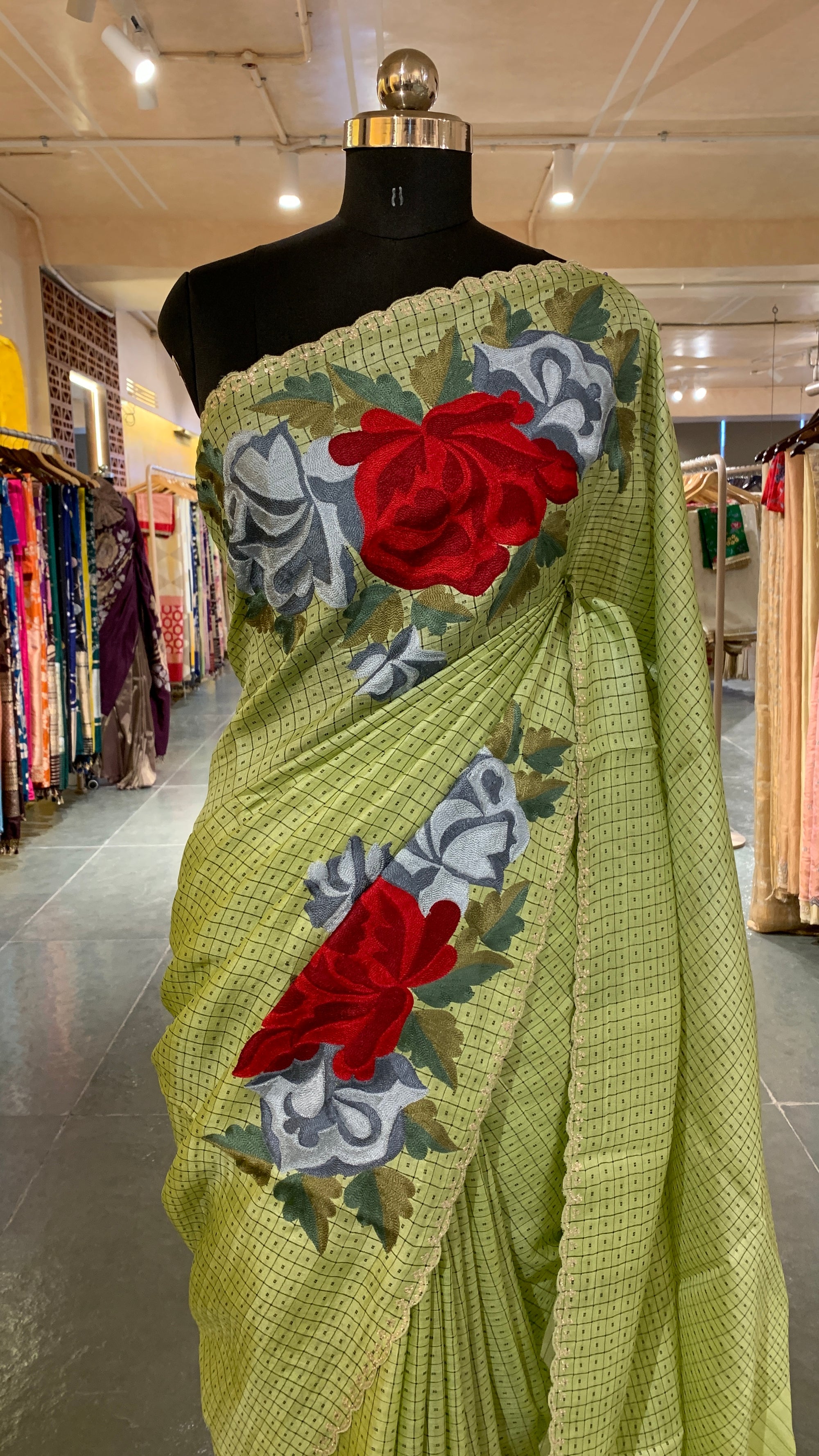 Apple Green/ Mint Tussar Saree with statement Floral Placement Embroidery