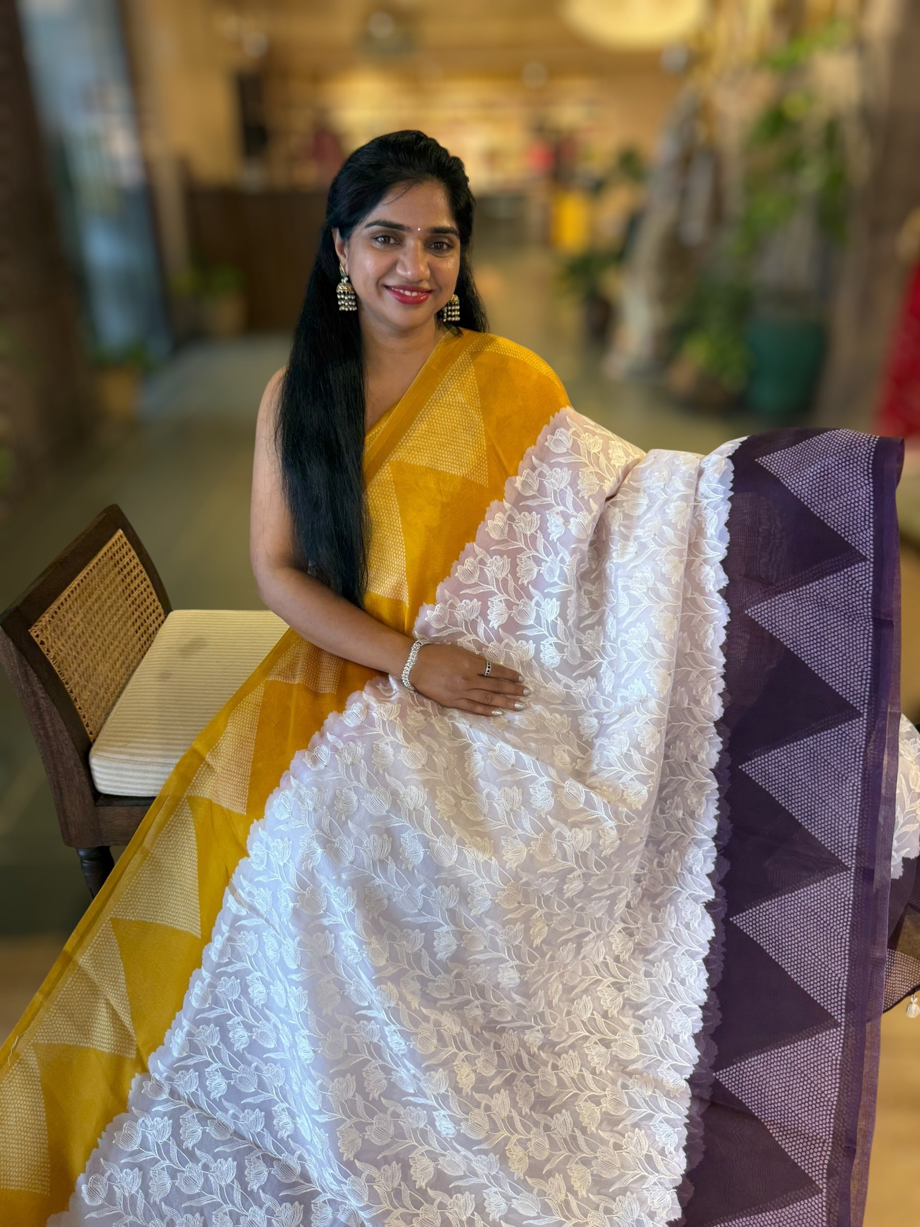 Organza Chikankari Embroidery Saree With Ganga Jamuna Bandhini Temple Borders
