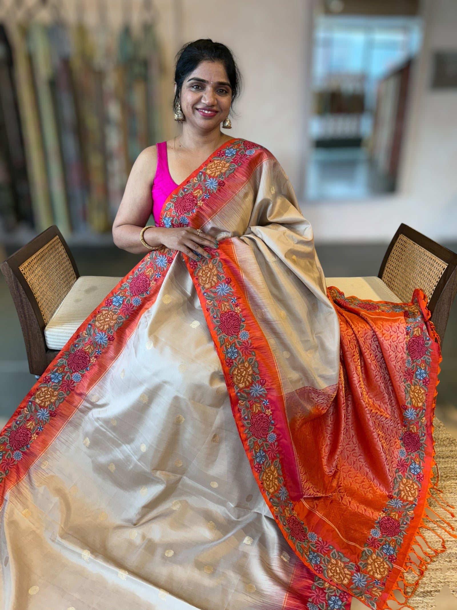 Champagne Gold Kanchi Silk Saree in With Petite Point  Embroidered Border