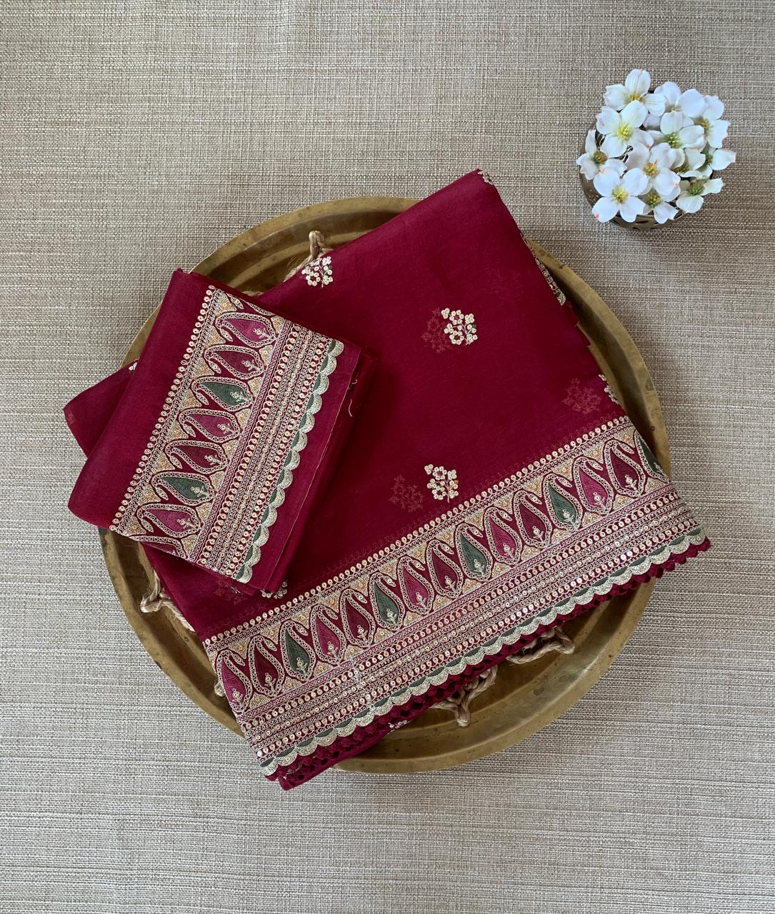 Luxe Brgundy Organza Saree with Sabyasachi-Inspired Border & Blouse