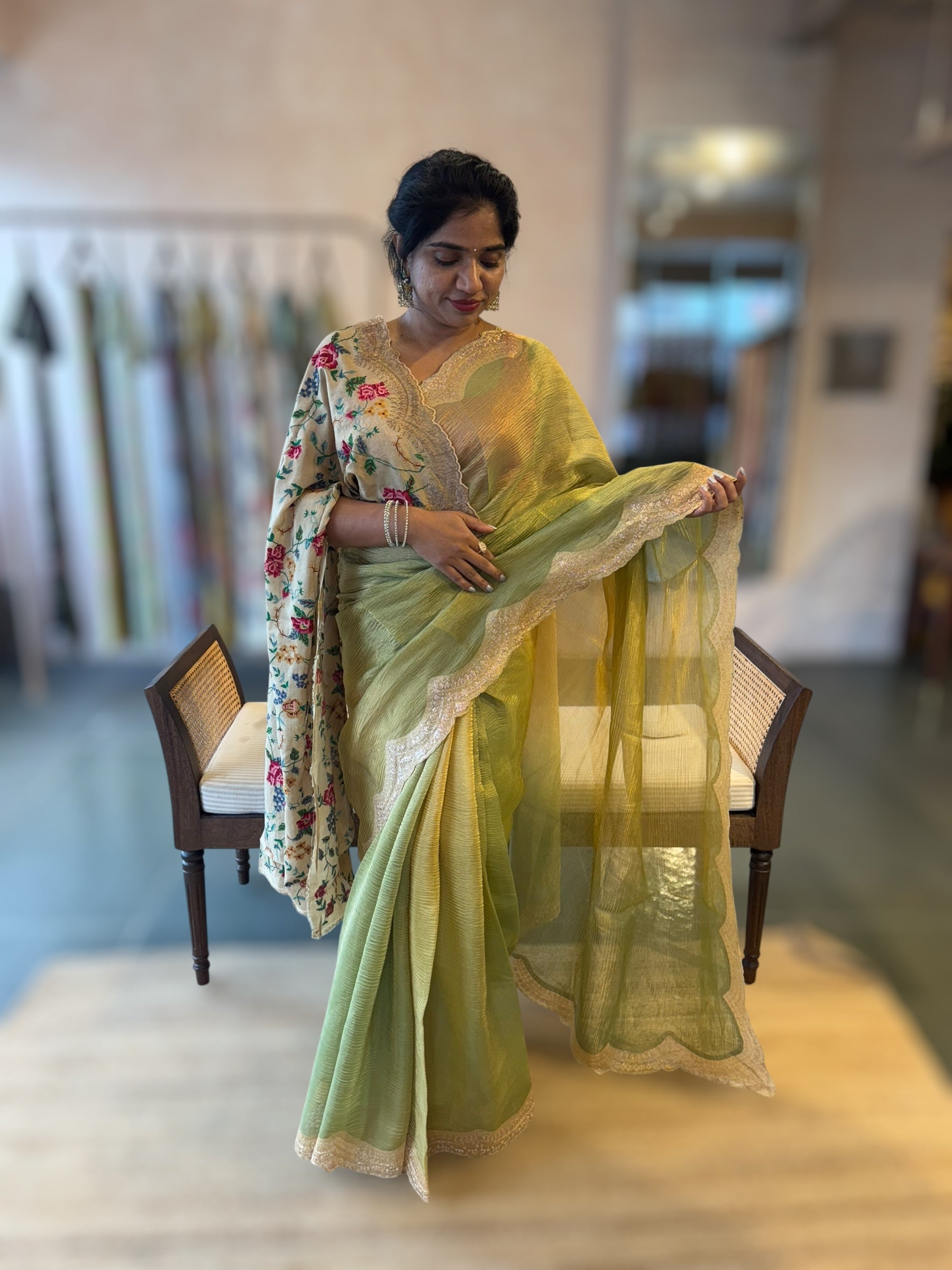 Ombre Dyed Crush Tissue Saree With Pitawork Border & Petite Point Embroidered BP
