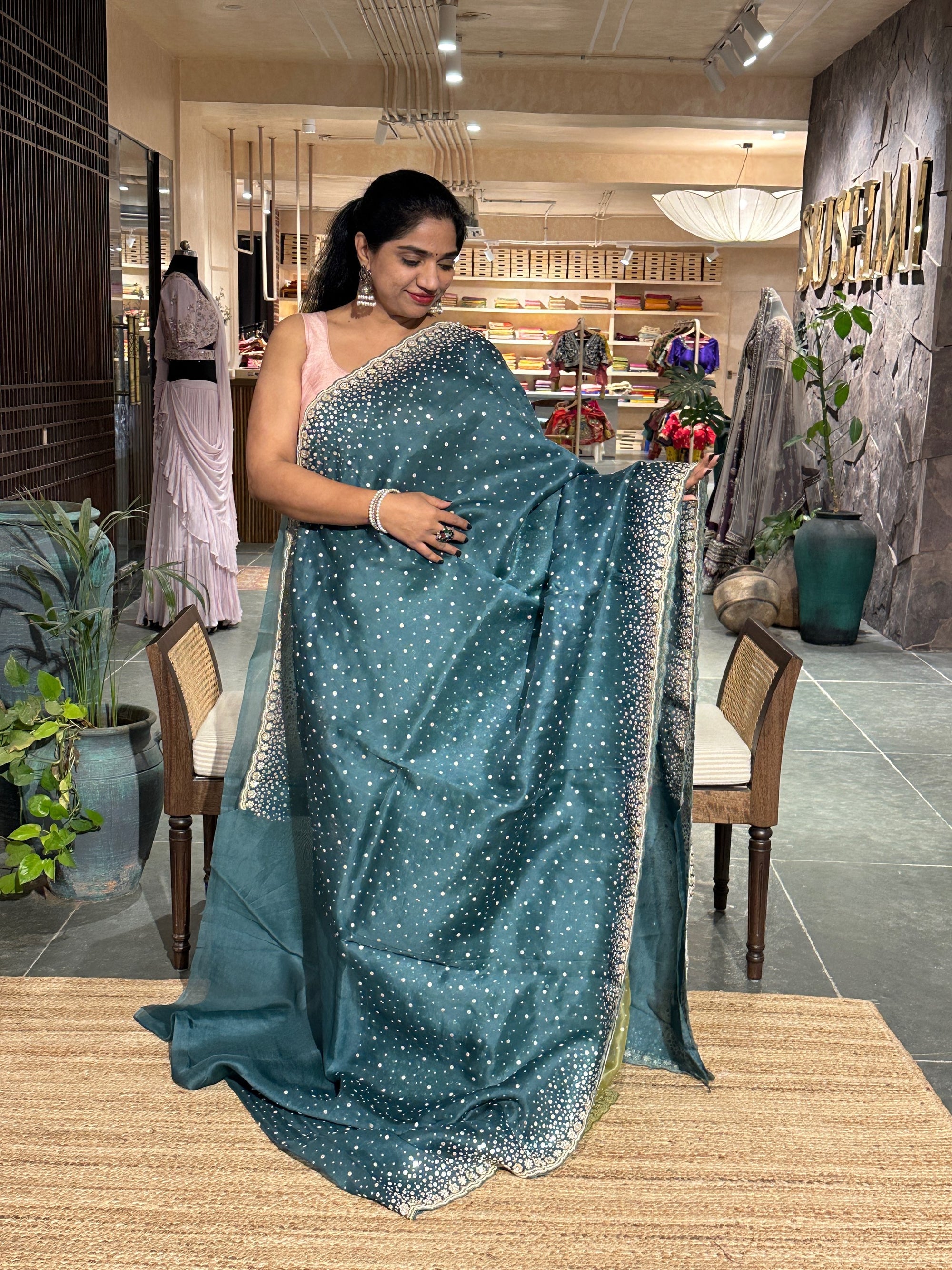 Peacock Blue Pure Organza Handwork Saree