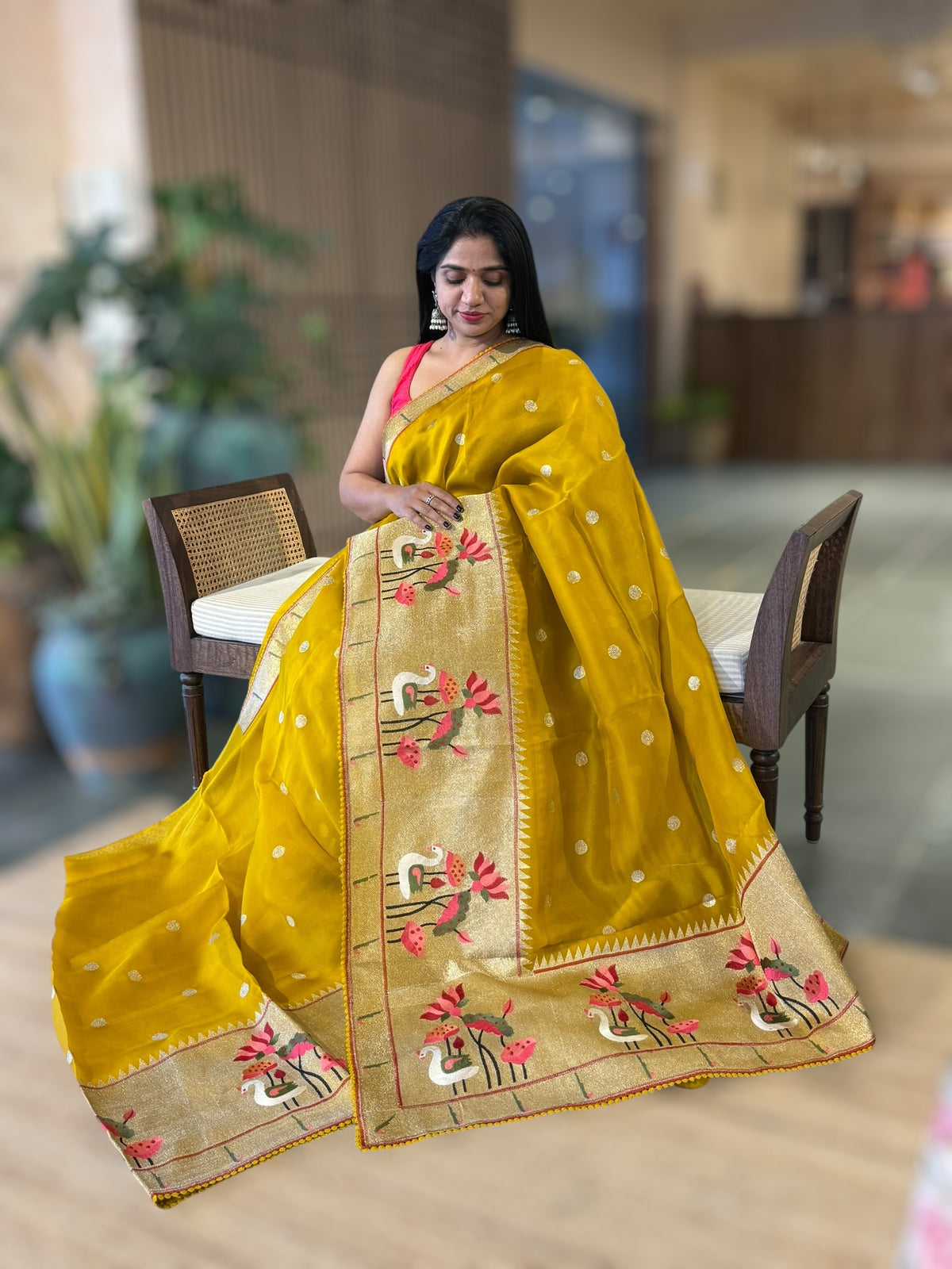 Mustard Pure Organza Saree With Pythani Embroidered Border