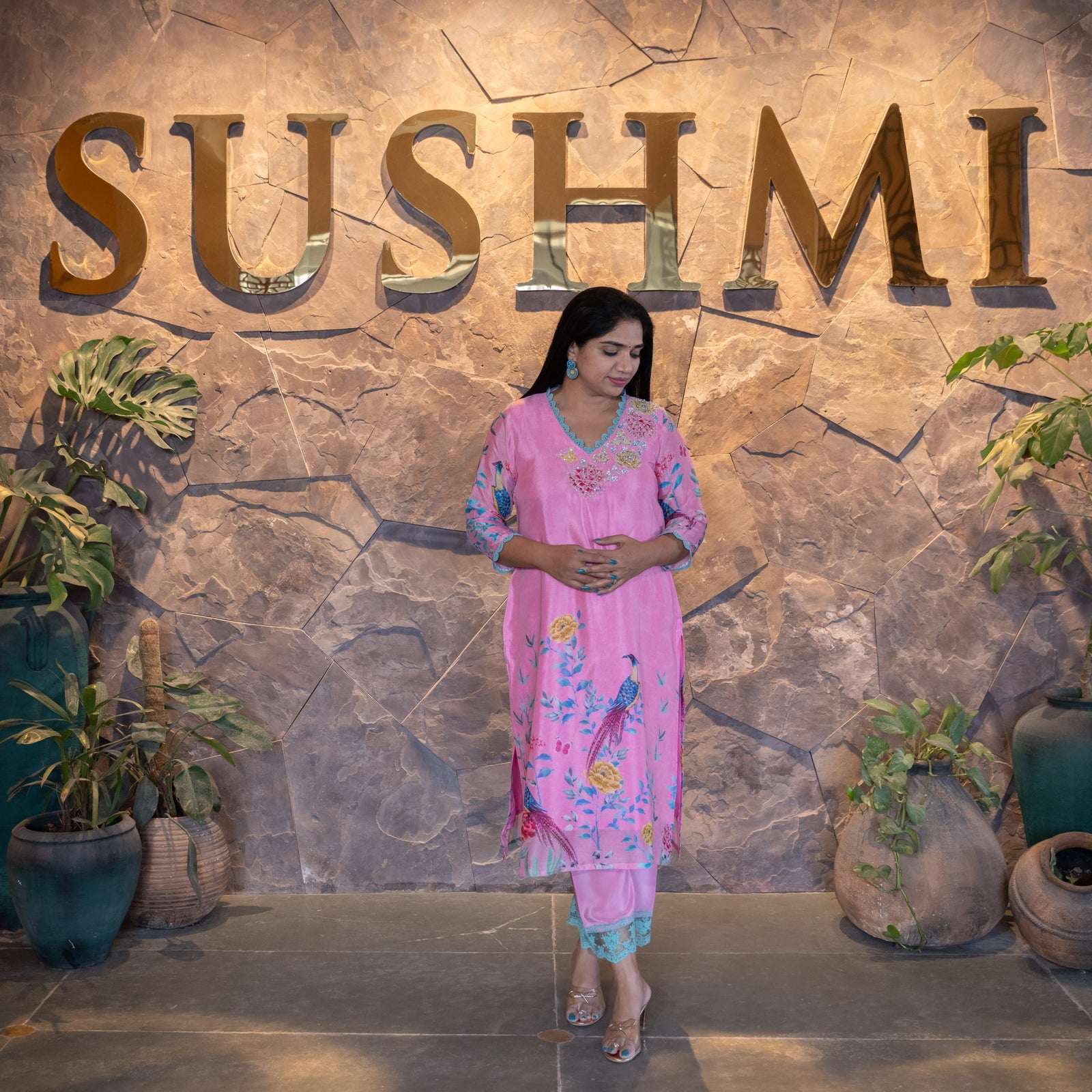Lotus Pink Color Pure Chinnon Printed Coordset with handwork