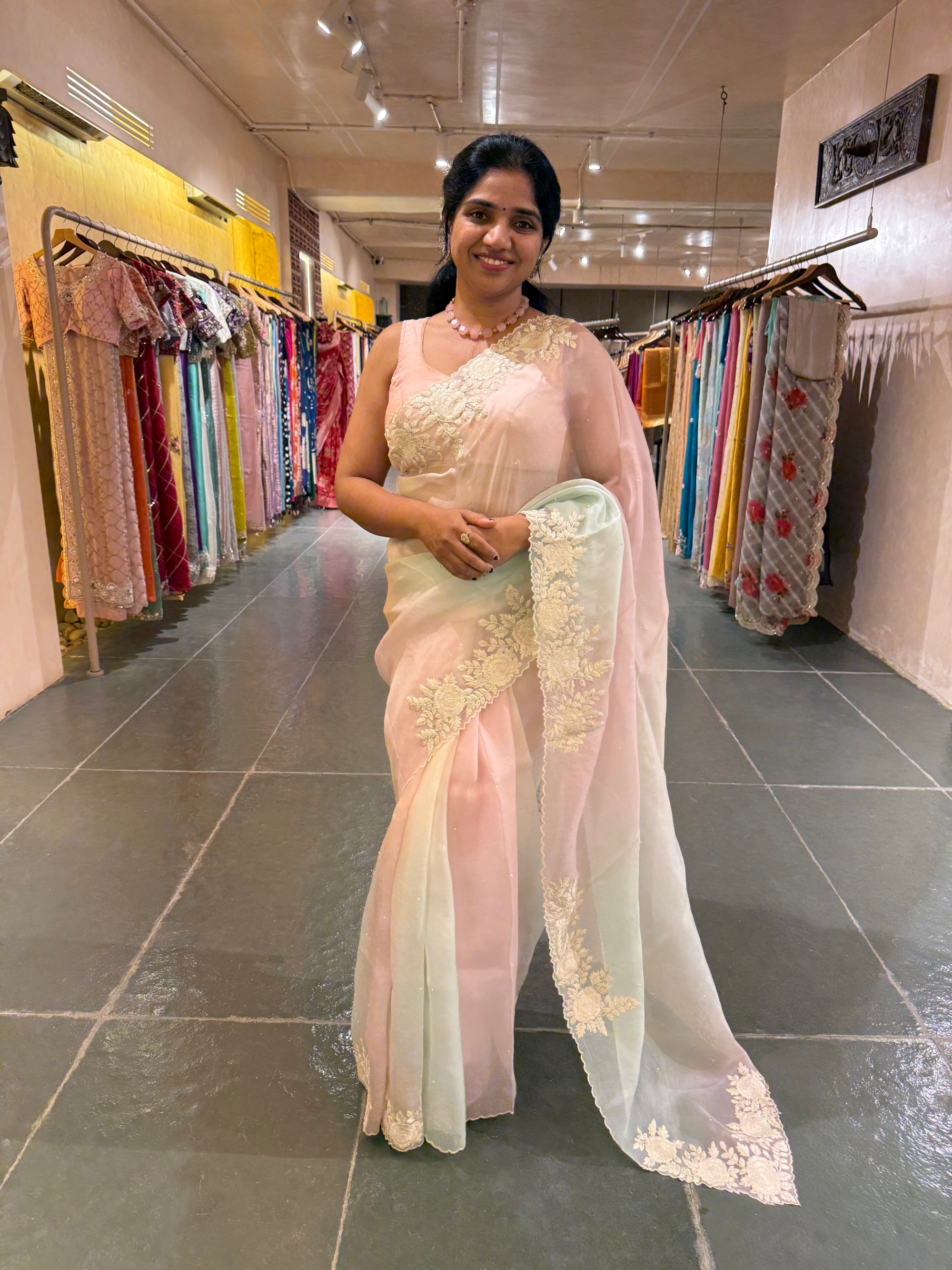Ombre Dyed Pure Organza Silk Saree with Embroidered Borders