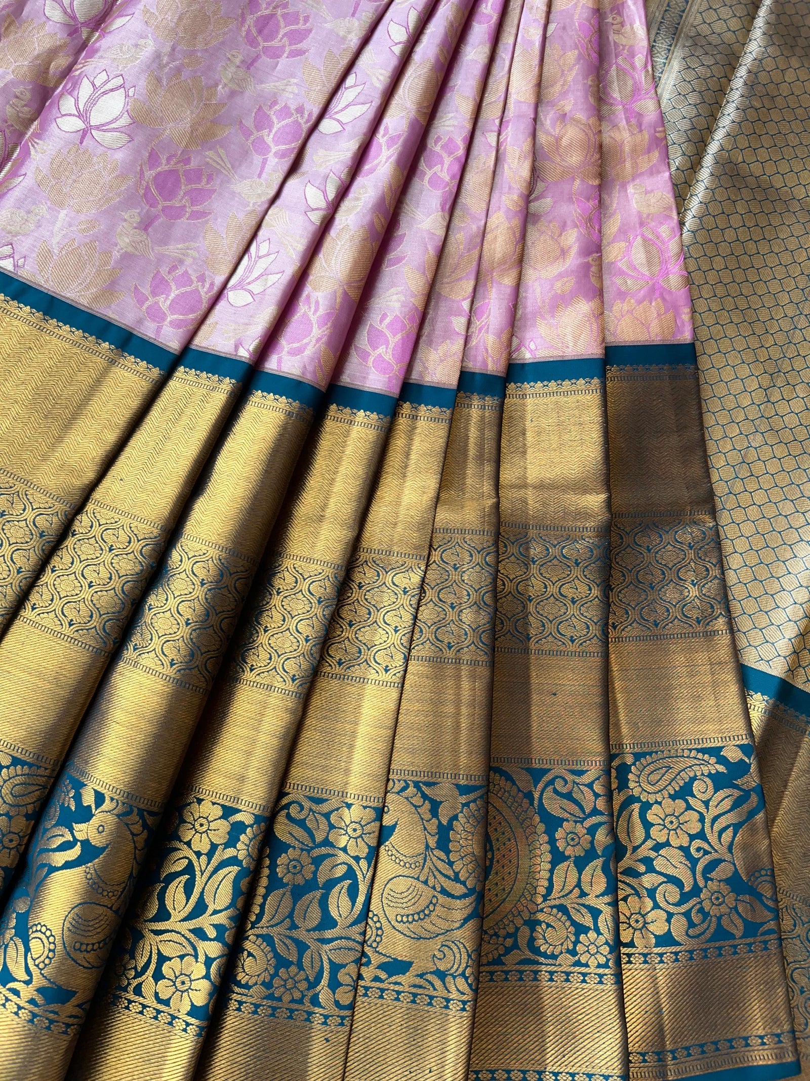 Lotus Pink & Peacock Blue Combo Pure Kanchi Tissue allover Brocade Saree