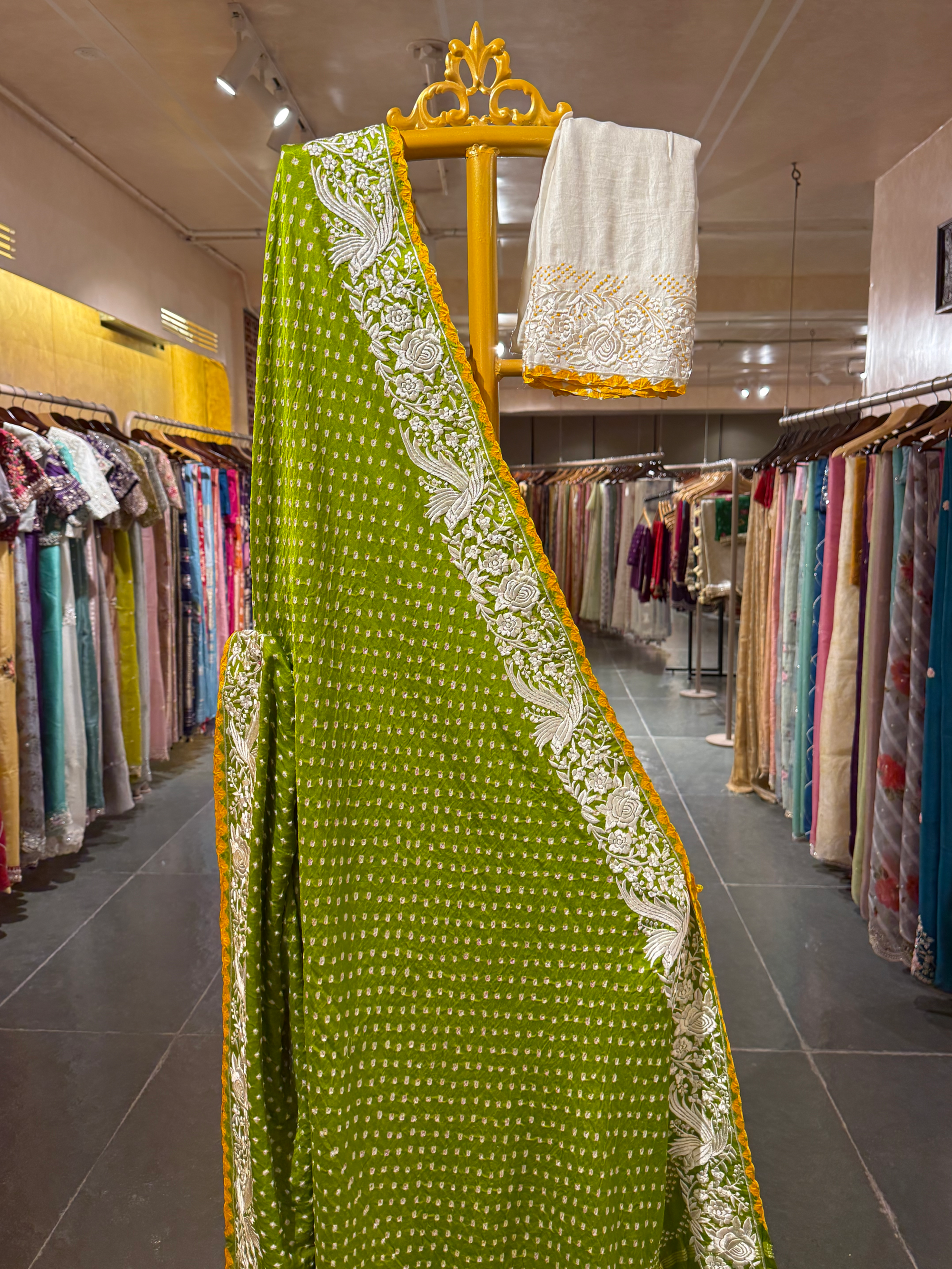 Moong Dal Green Pure Gajji Silk Kutch Bandhej Saree with Parsi Gara Embroidery