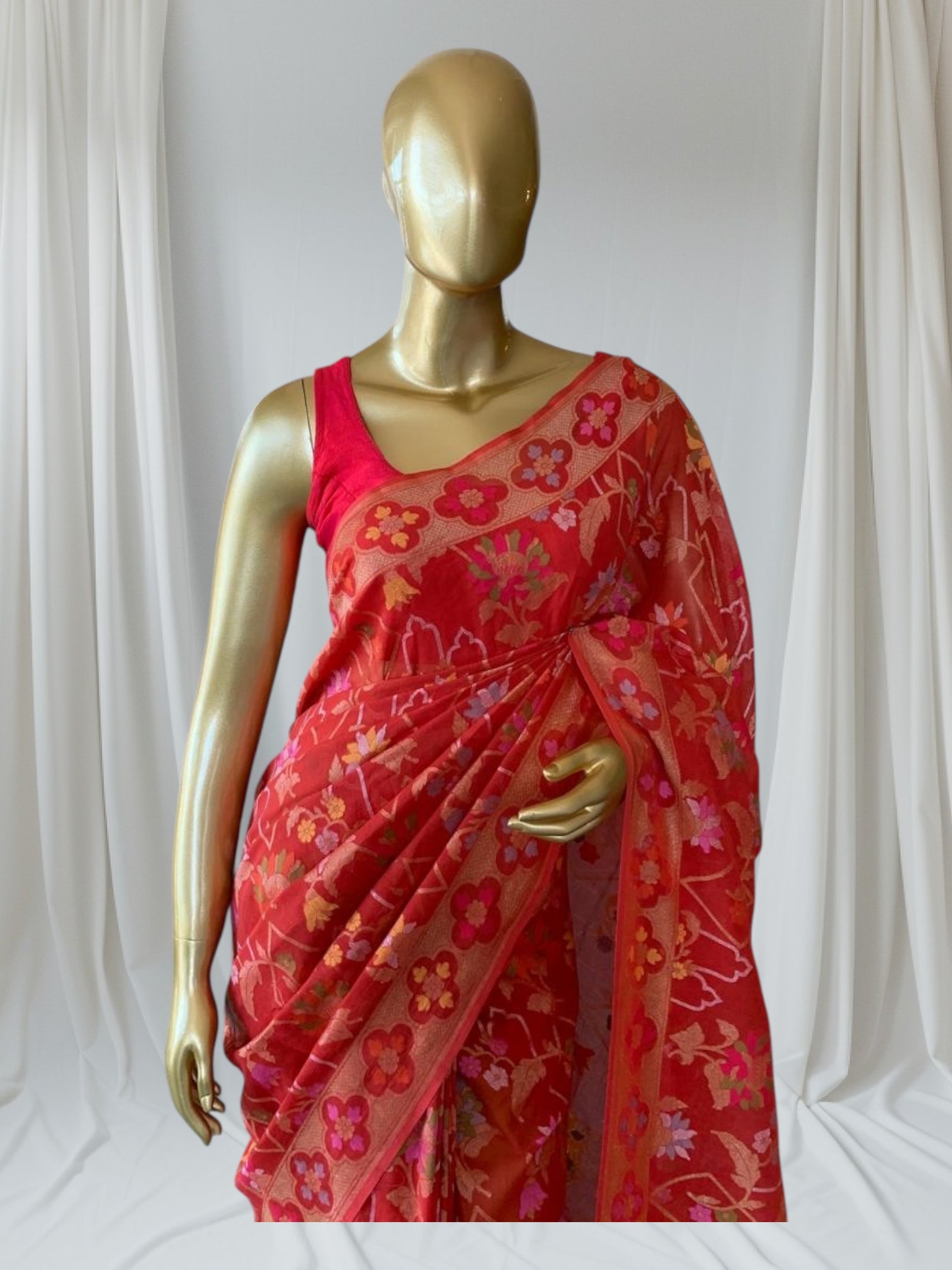 Carrot Color Banarasi Handloom Cotton  Cut Jamdani Saree With Allover Meenakari
