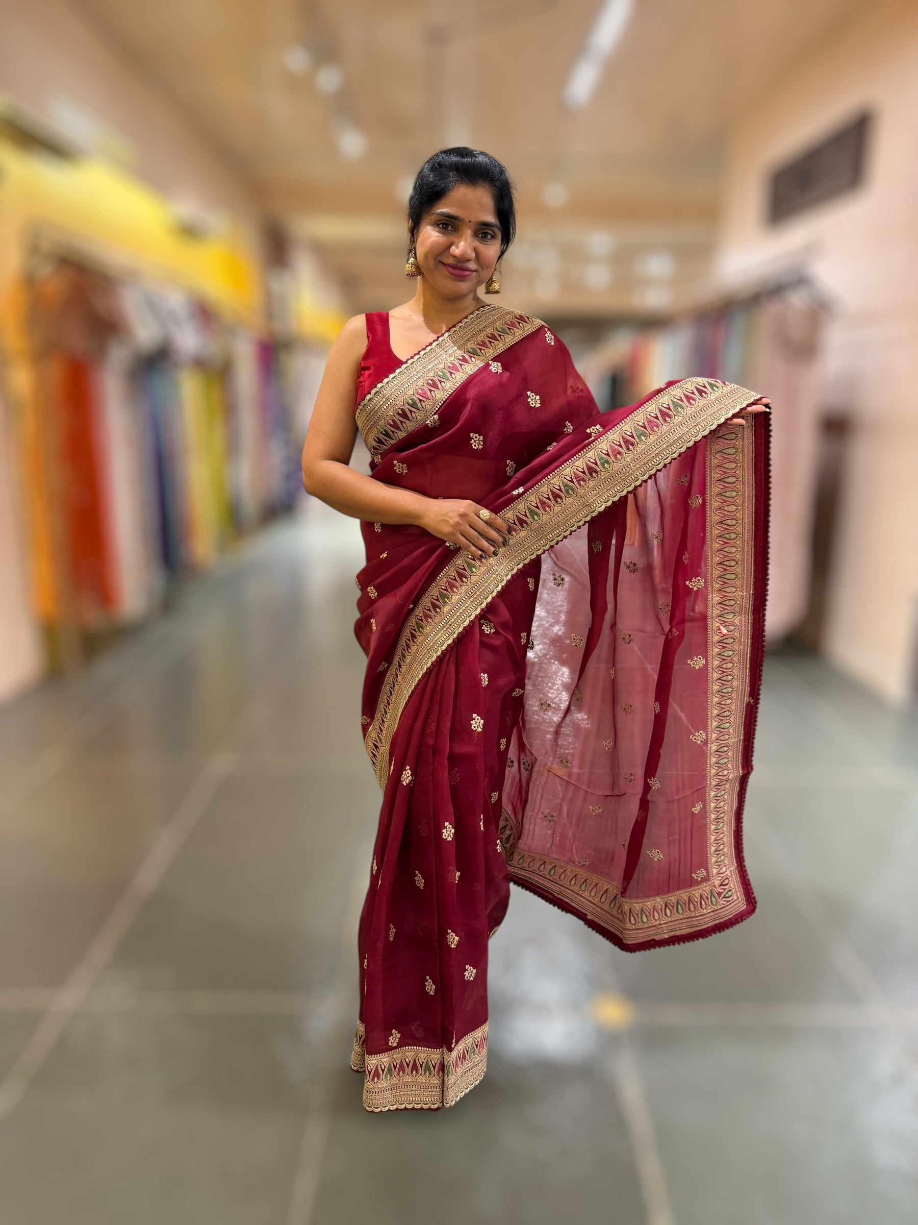 Luxe Brgundy Organza Saree with Sabyasachi-Inspired Border & Blouse
