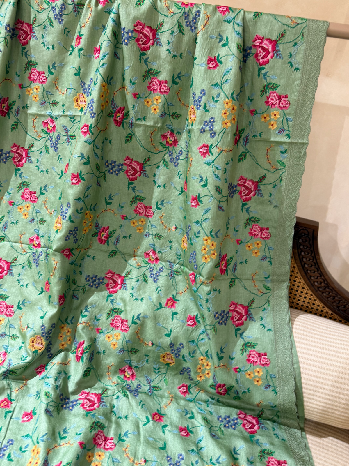 STPPA206 : Sage Green Pure Tussar Saree With Allover Petite Point Embroidery