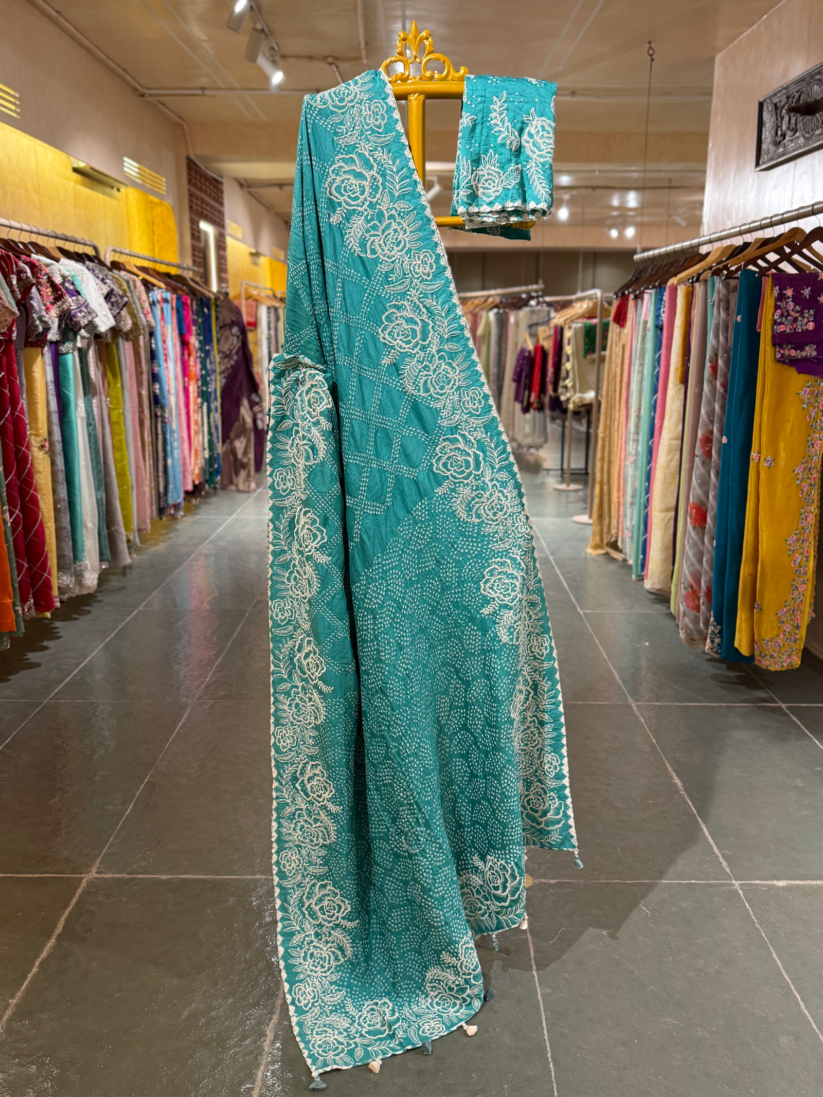 Teal Pure Gajji Silk Rai Bandhej Saree wth Stunning Outline Embroidery