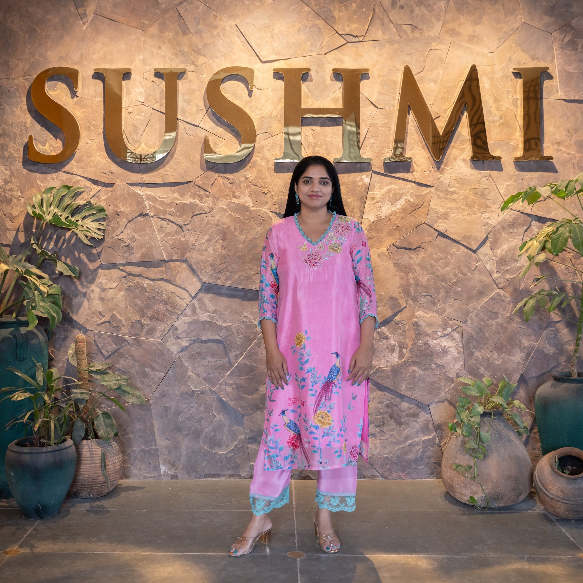 Lotus Pink Color Pure Chinnon Printed Coordset with handwork
