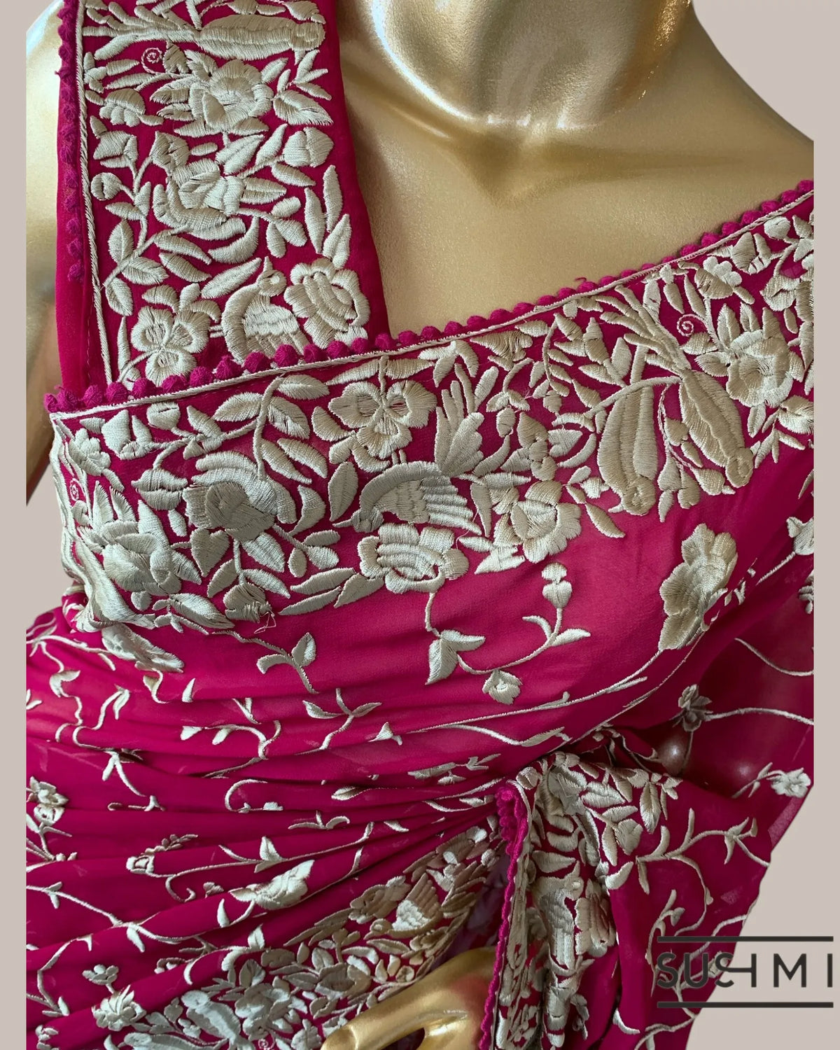Ruby Red Pure Gorgette saree with parsi gara machine embroidery work allover   O