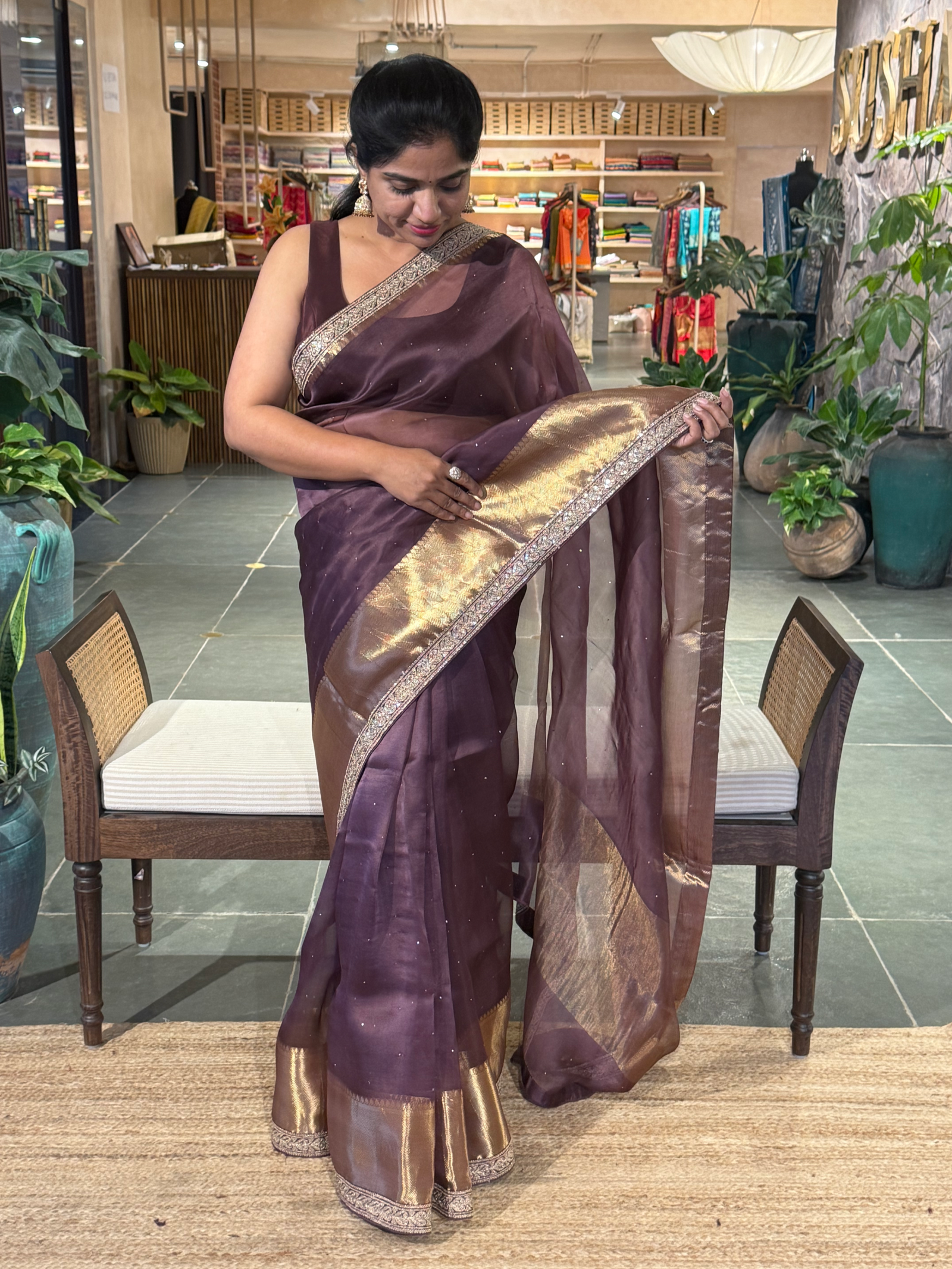 SK1091412ORG:Brownish Wine Kanchi Kora Saree with allover mukaish handwork