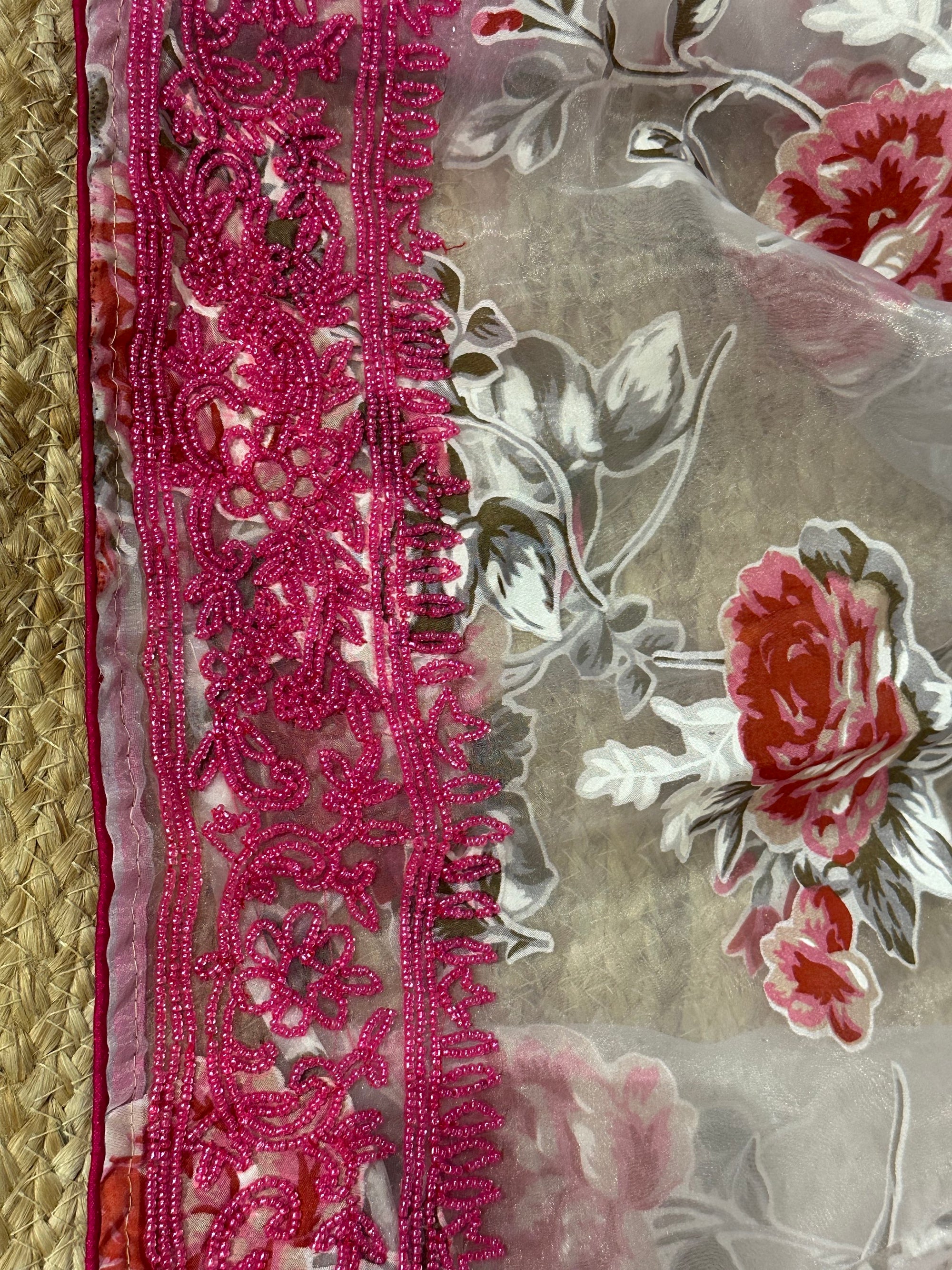 Glass Organza Floral printed Saree with heavy beadwork border and blouse