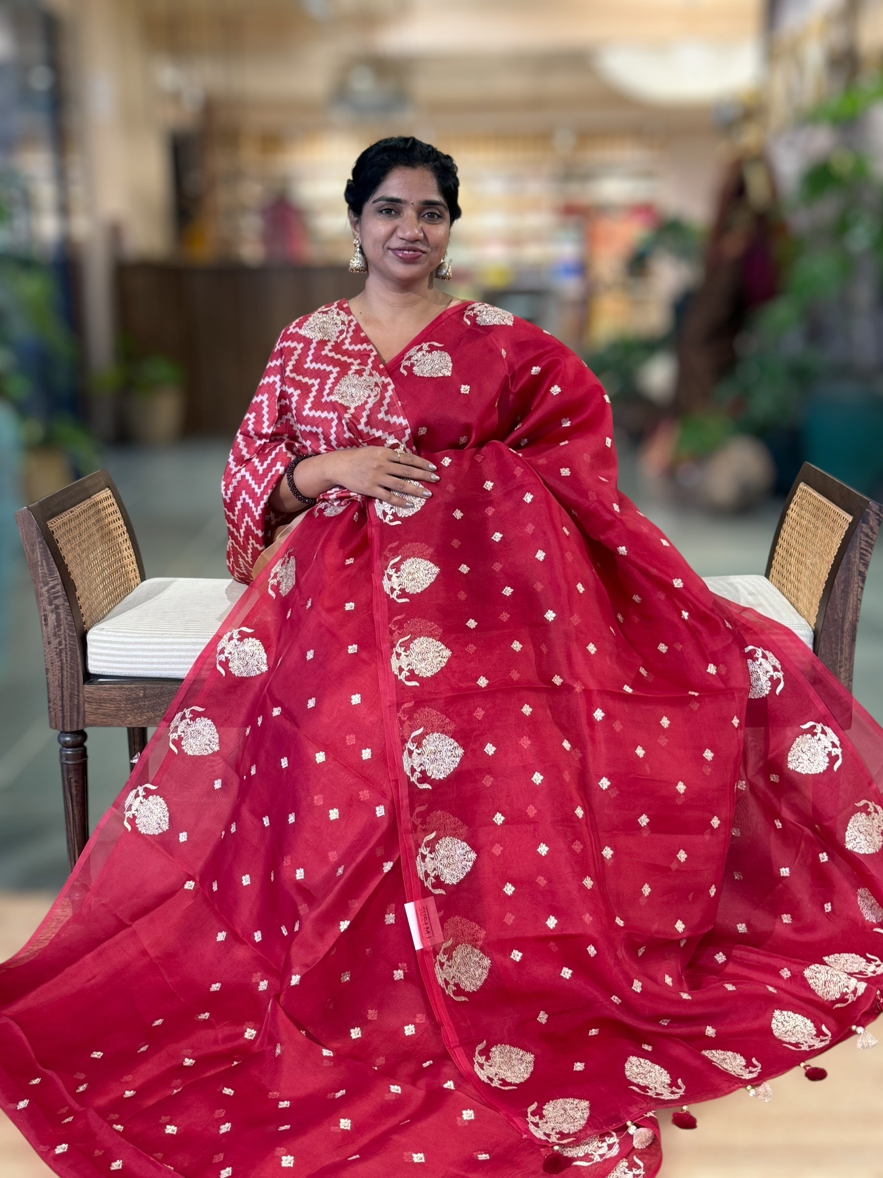 Red Organza Saree With Embroidered Motifs & Tussar Printed Blouse