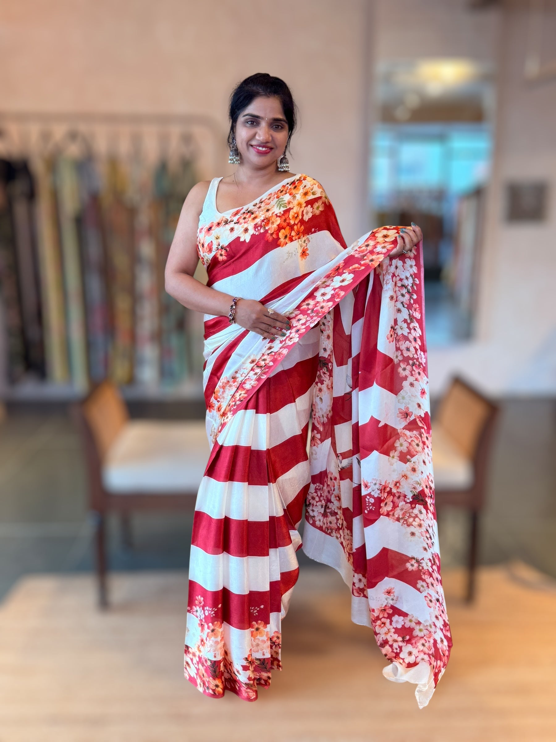 Trisha inspired Chinnon Silk Stripes & Floral Printed Saree