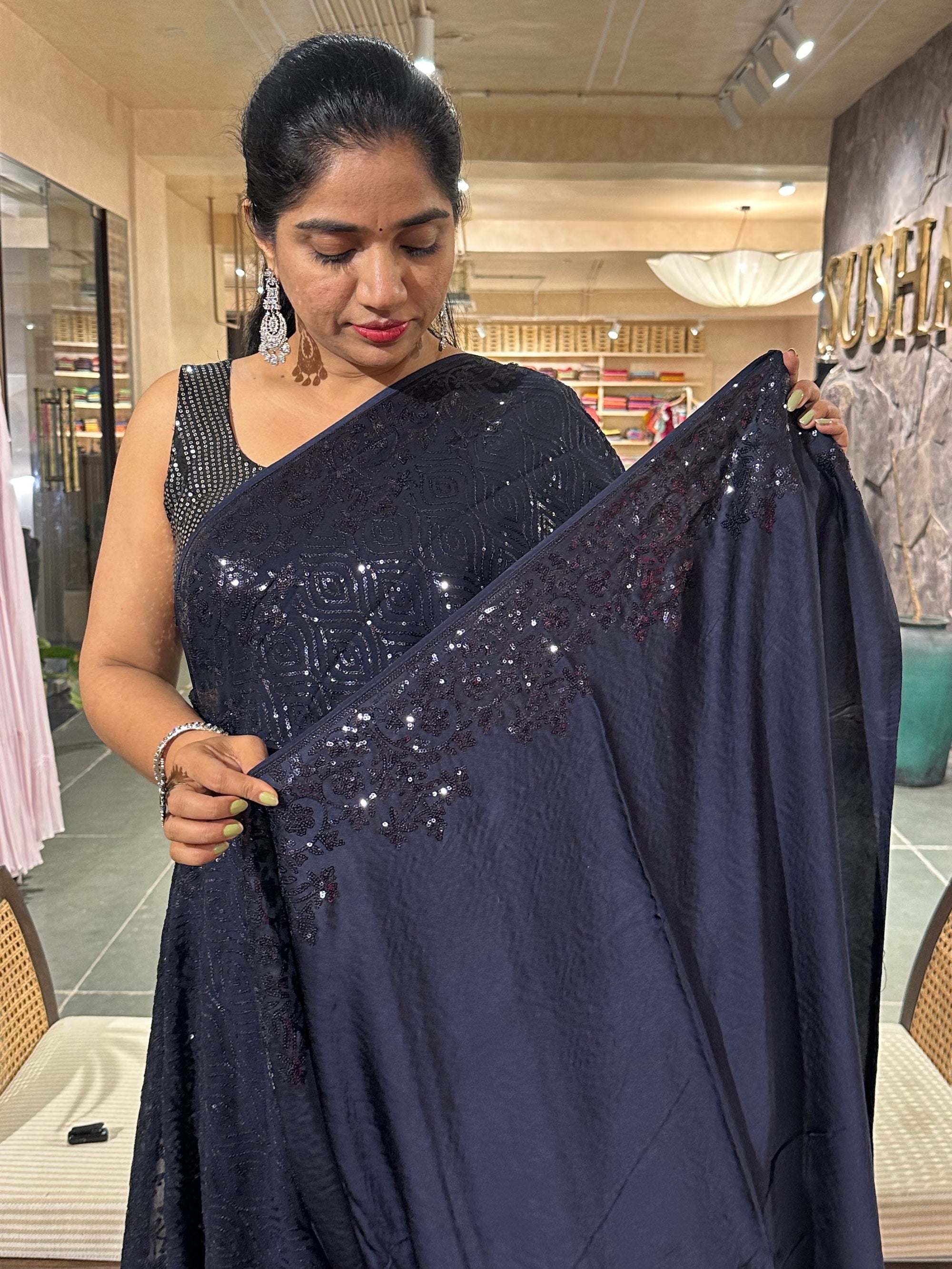 Midnight Blue Gorgette Sequence Saree